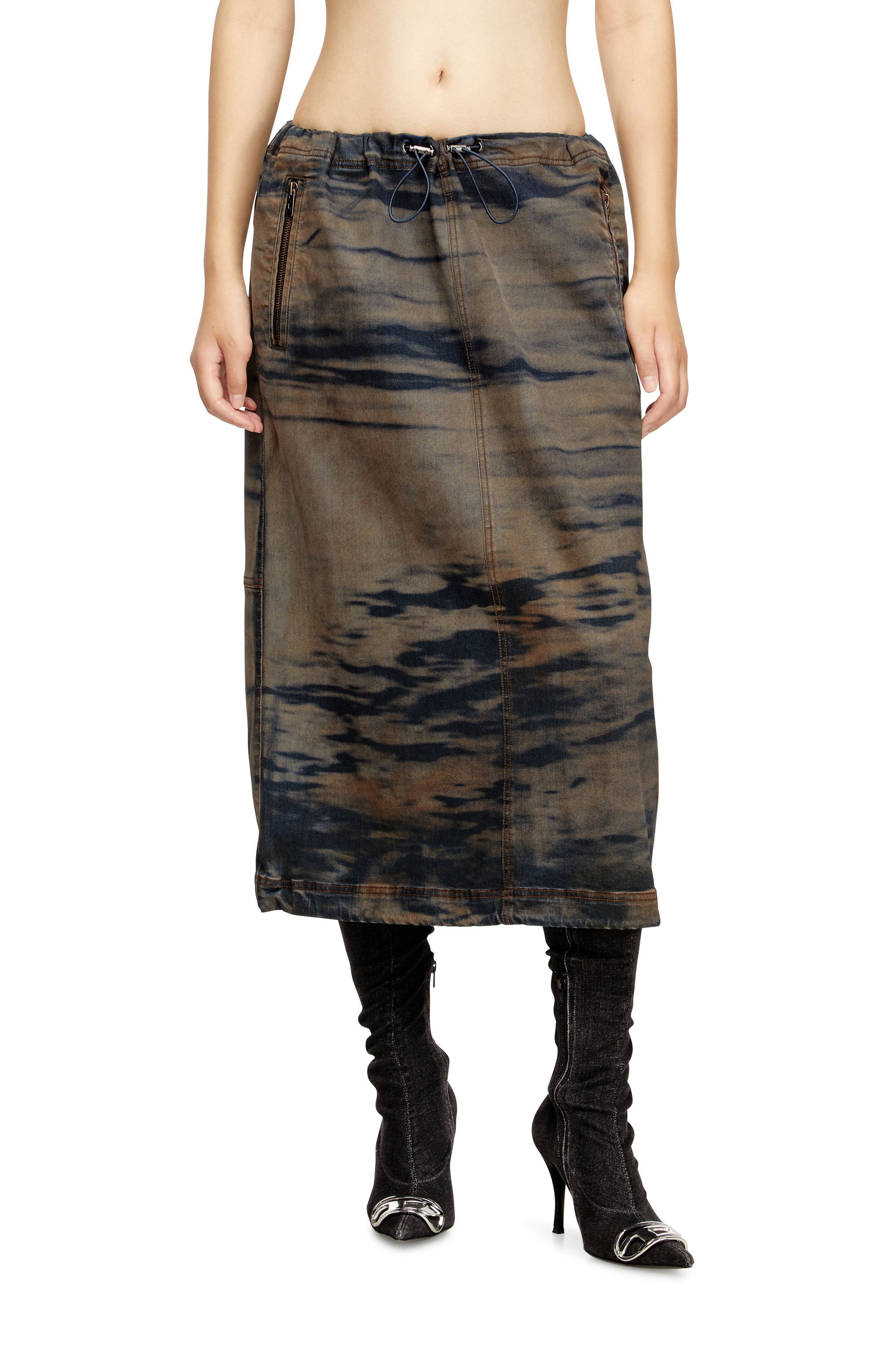 Diesel - O-MIRTOW-DEN, Woman's Midi denim skirt with drawstring in Black/Brown - 1