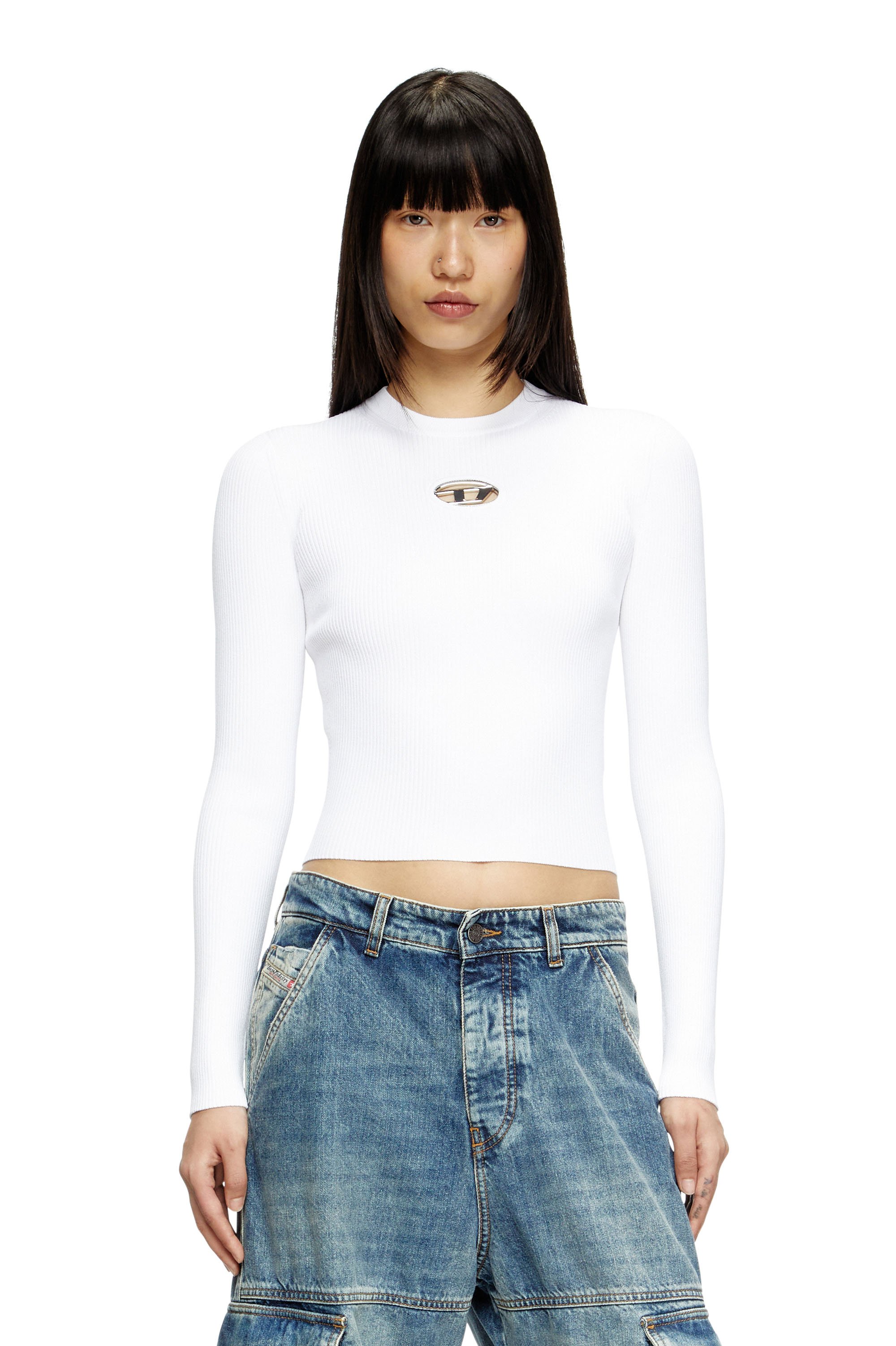 Diesel - M-VALARI, Top de mezcla de viscosa tejido en canalé con Oval D Mujer in Blanco - 1