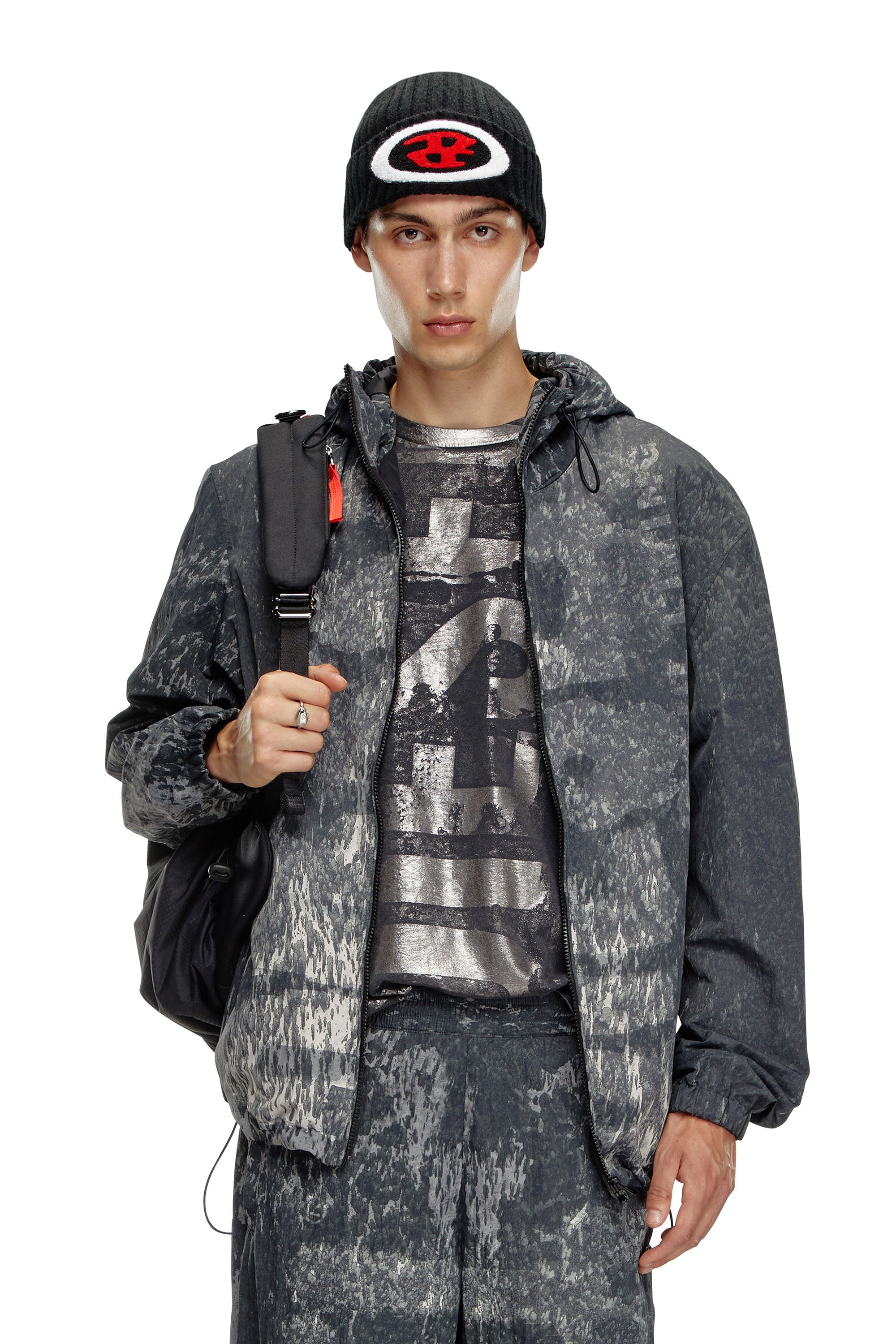 Diesel - J-BRICK, Man's Hooded windbreaker with Rain Camo print in Black - 1