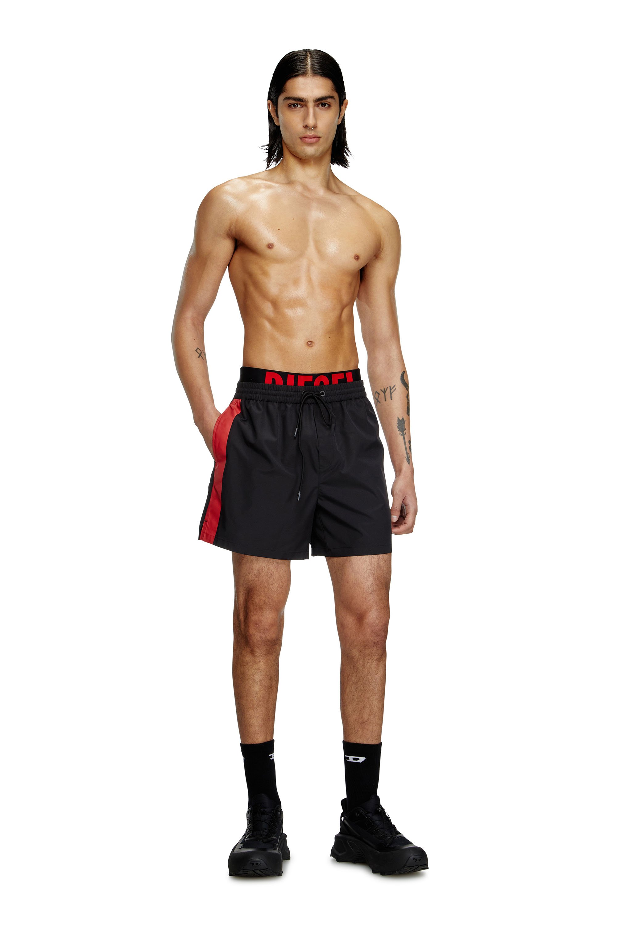 Diesel - VISPER-41-D-POP, Man's Mid-length swim shorts with hybrid waist in Black/Red - 1