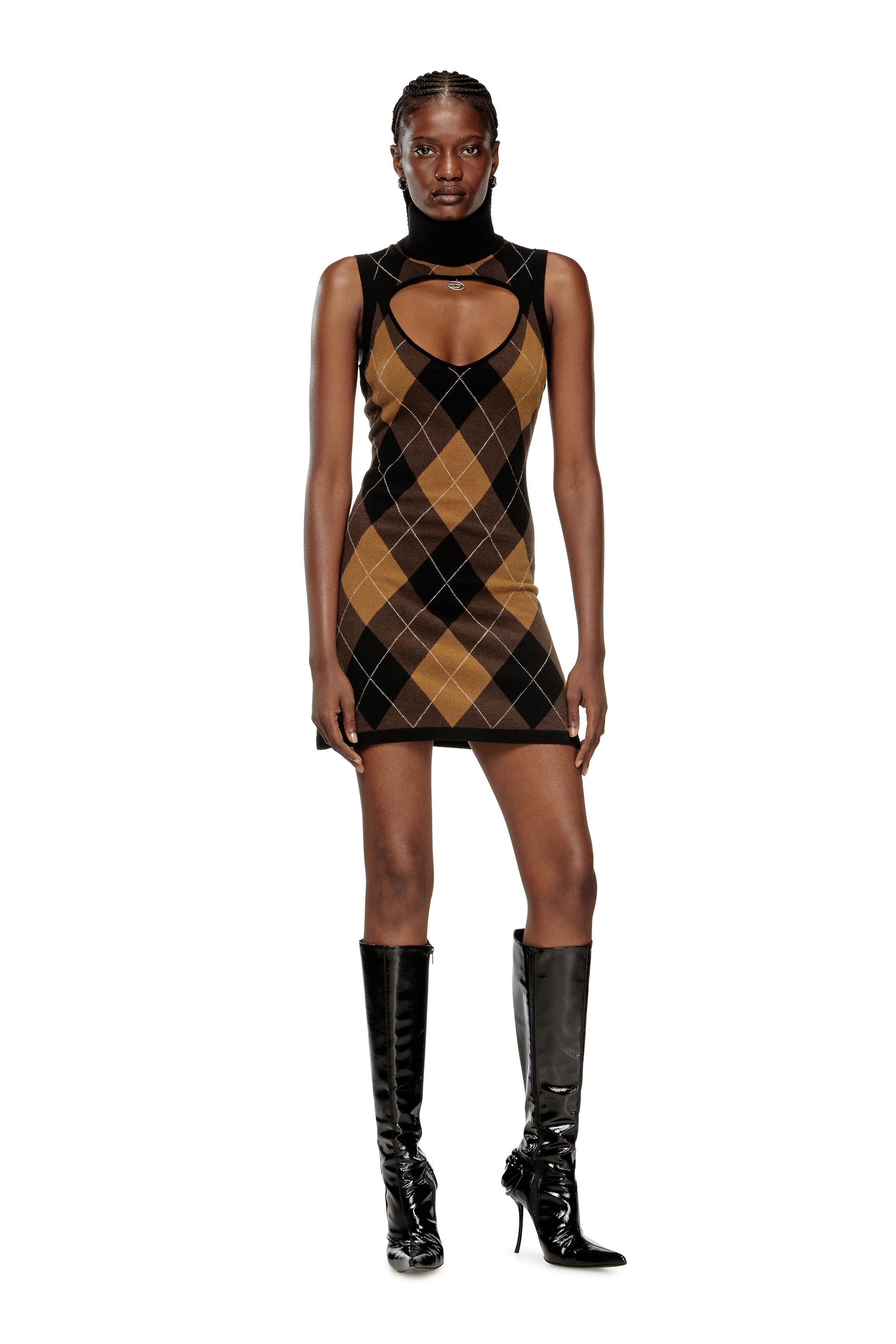 Diesel - M-ROMKO-DRESS, Woman's Wool dress with argyle pattern in Black/Brown - 2