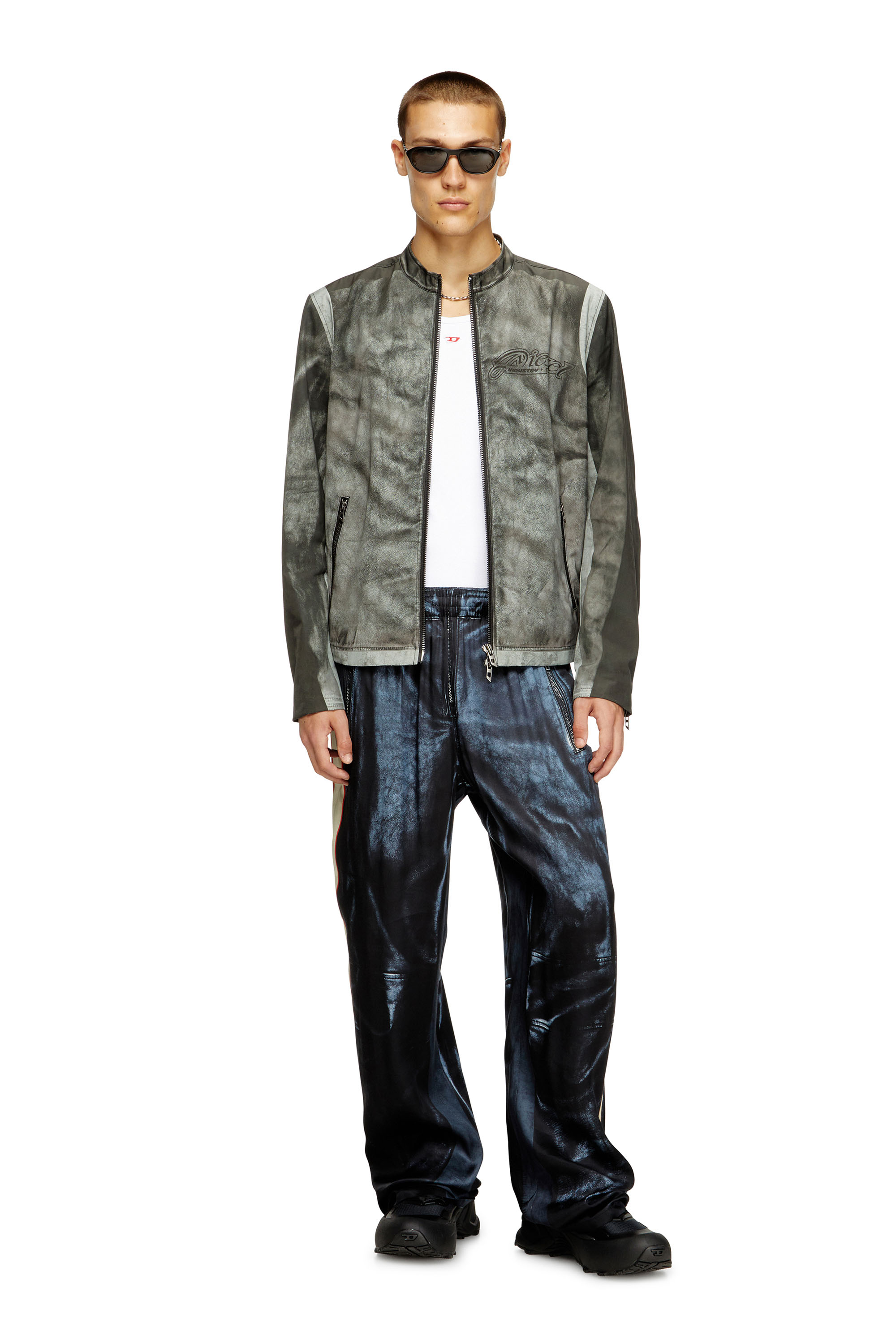 Diesel - J-EVERT, Man's Biker jacket in printed canvas in Dark grey - 2