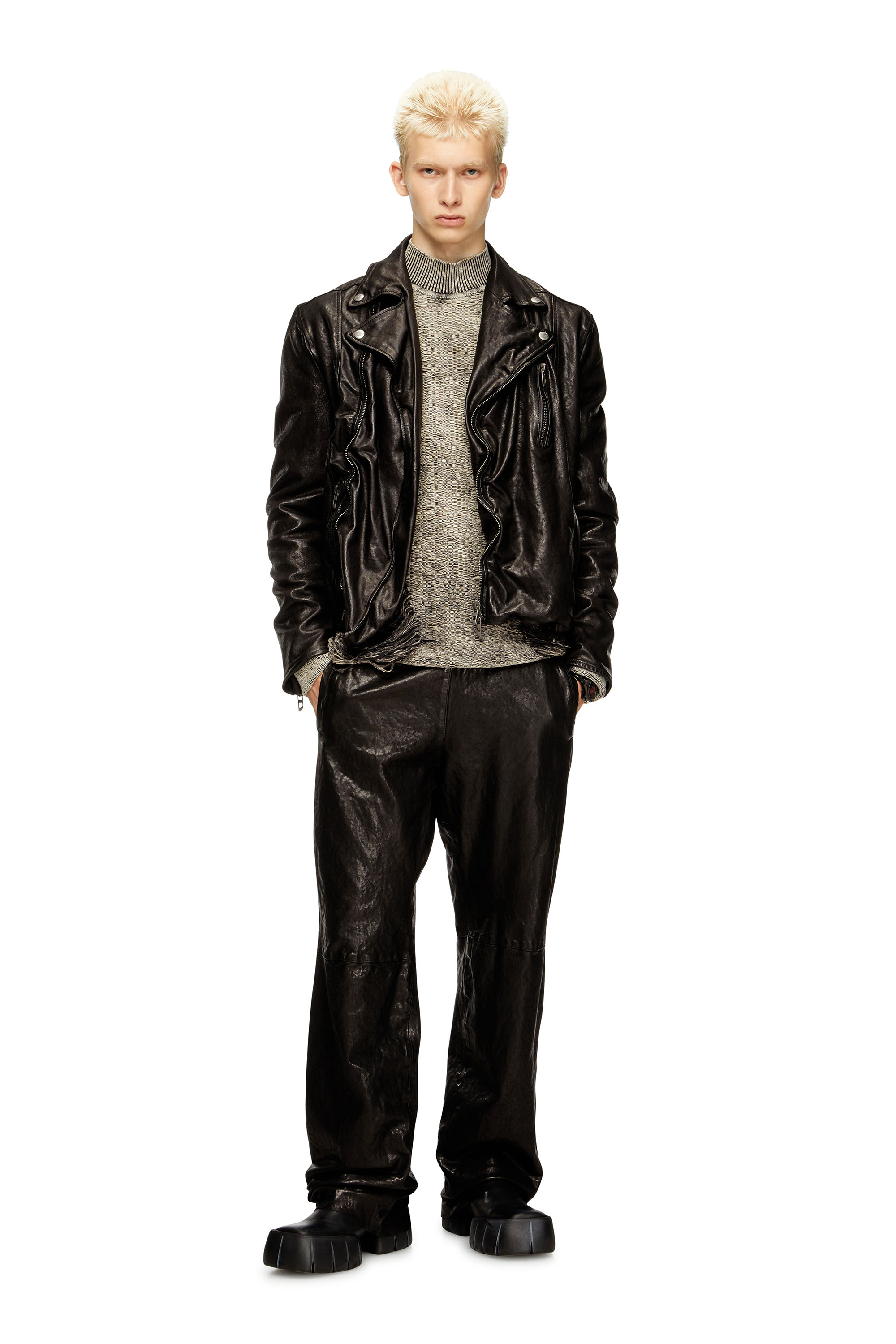 Diesel - L-UNCAN, Chaqueta biker de cuero hervido Hombre in Negro - 2