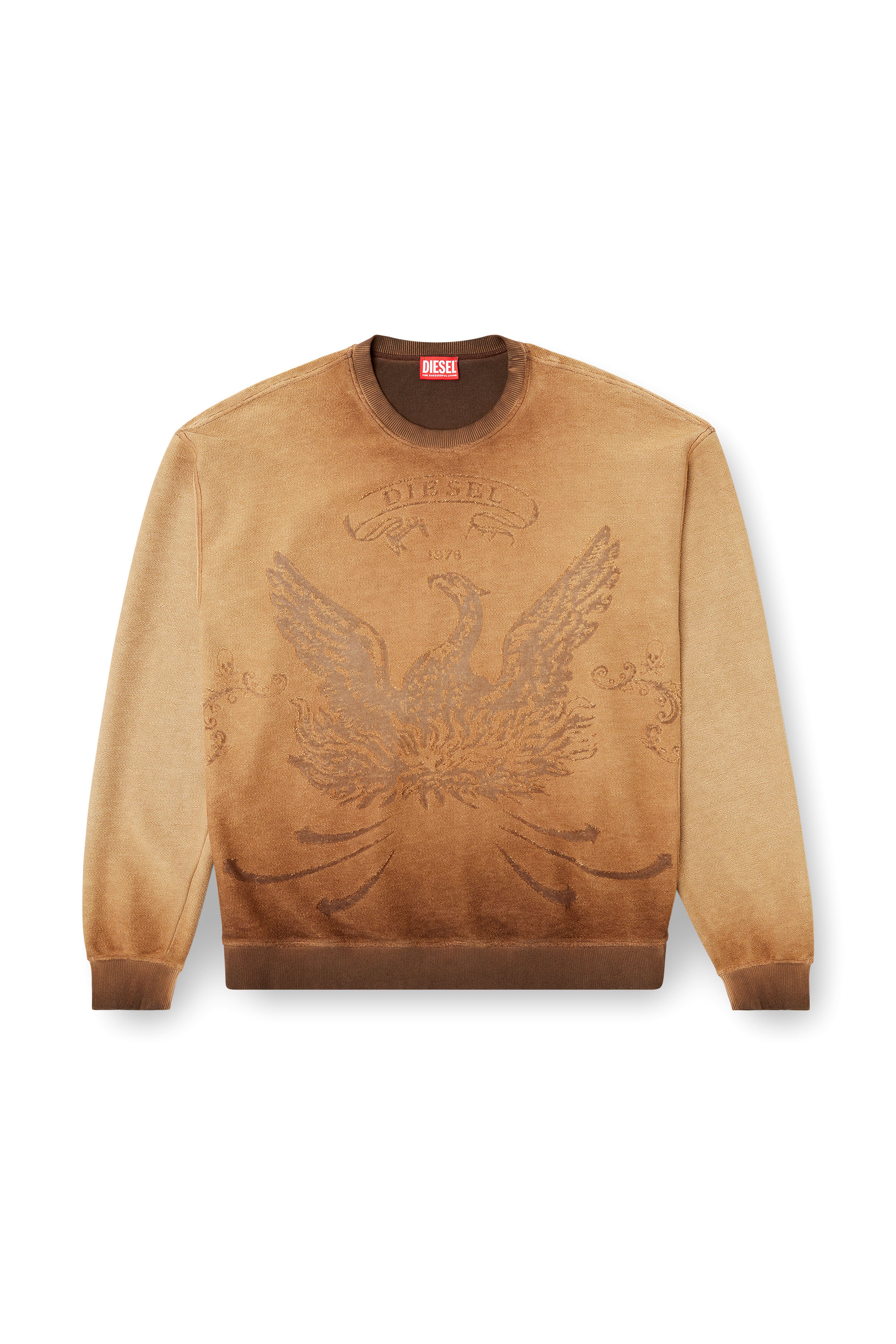 Diesel - S-ARON, Man's Faded sweatshirt with devoré Phoenix logo in Brown - 4