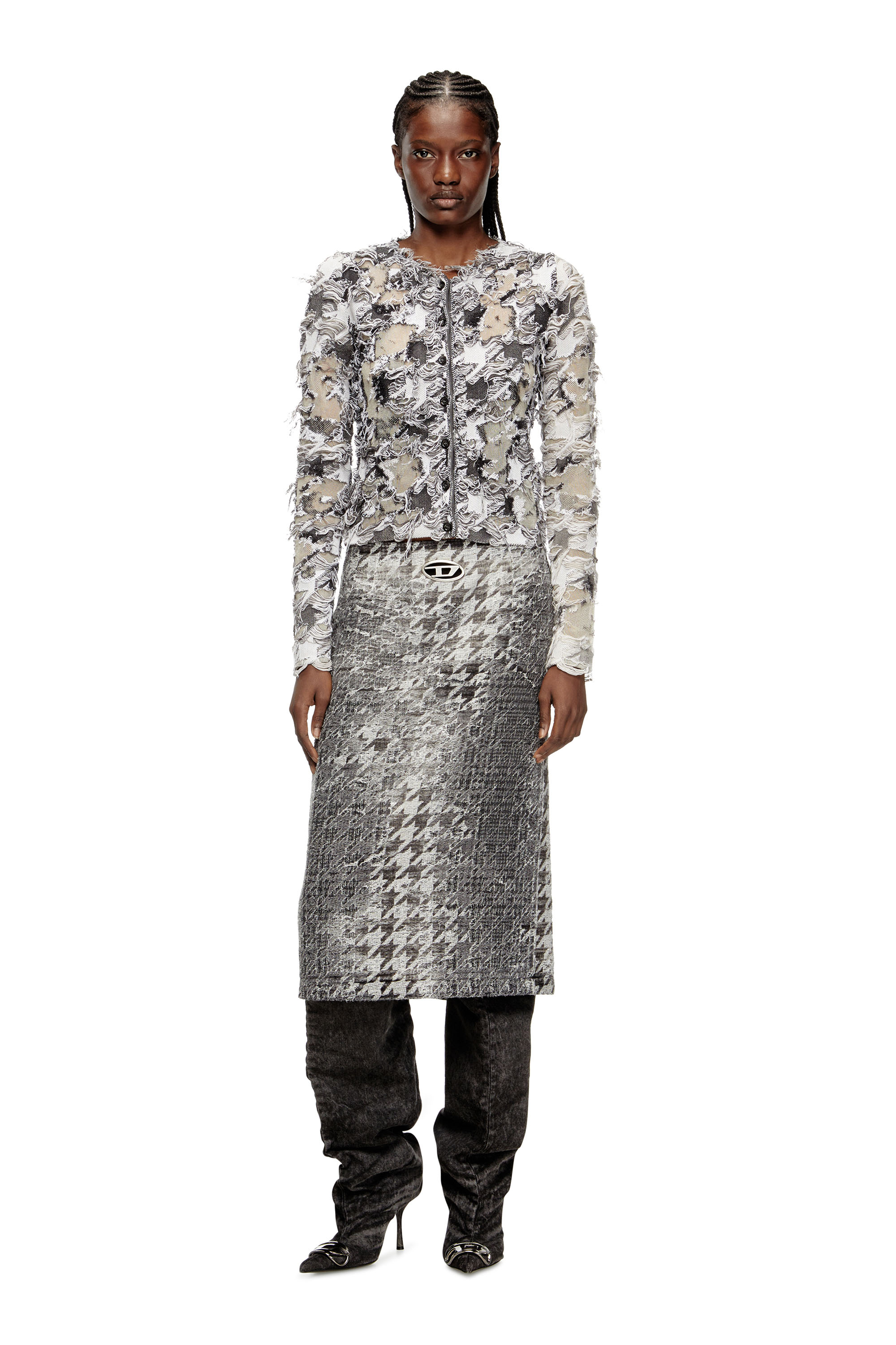 Diesel - DE- RATHIAN-FSH, Falda midi en jacquard de denim con diseño Príncipe de Gales Mujer in Multicolor - 2