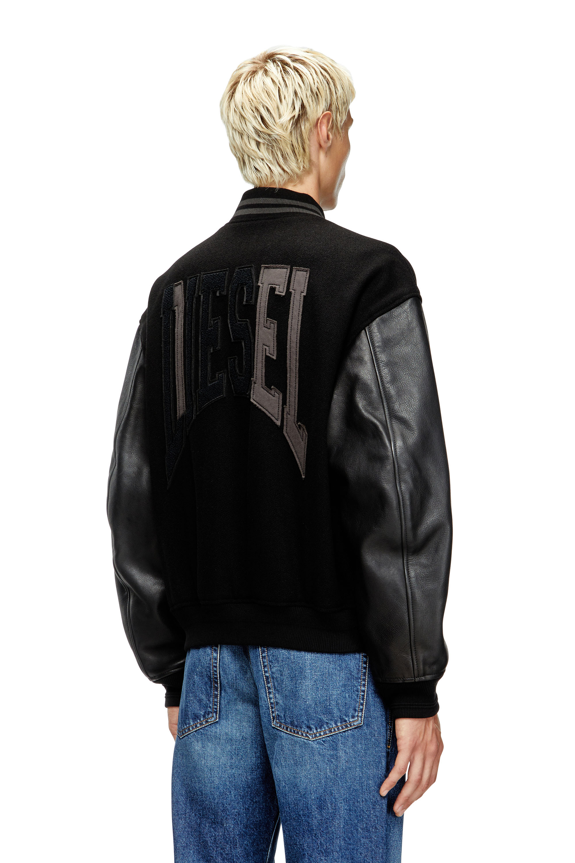 Diesel - L-NYMAN, Man's Varsity bomber jacket in cotton and leather in Black - 3