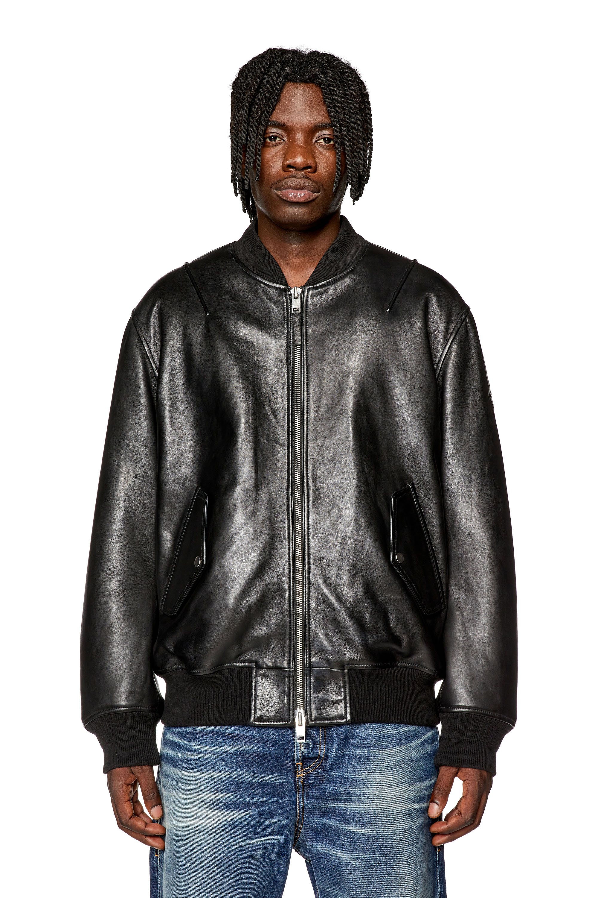 Mens Padded jacket in tumbled leather | Black | Diesel