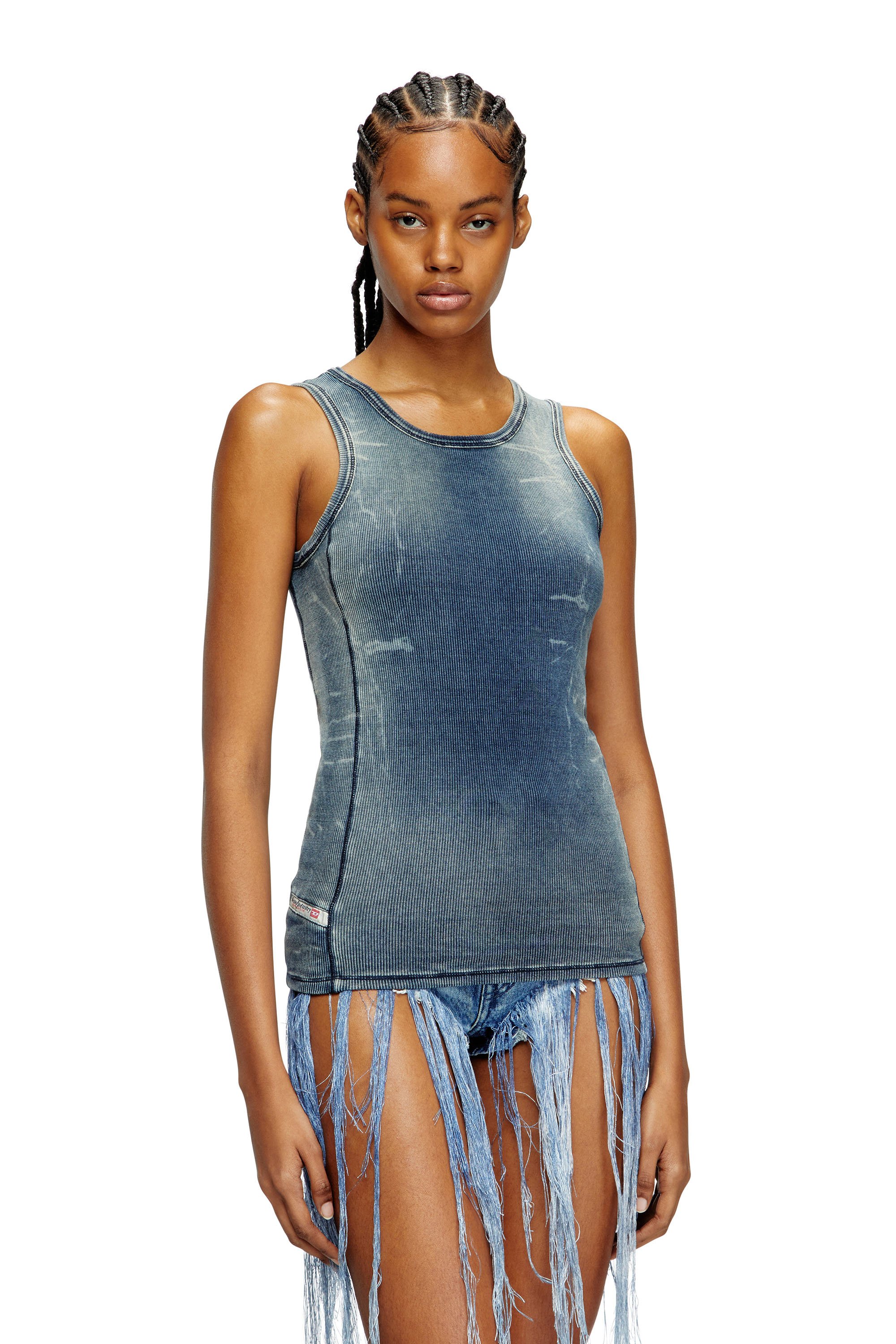 Diesel - T-GO, Unisex's Ribbed tank top with denim trompe l'oeil in Medium blue - 1