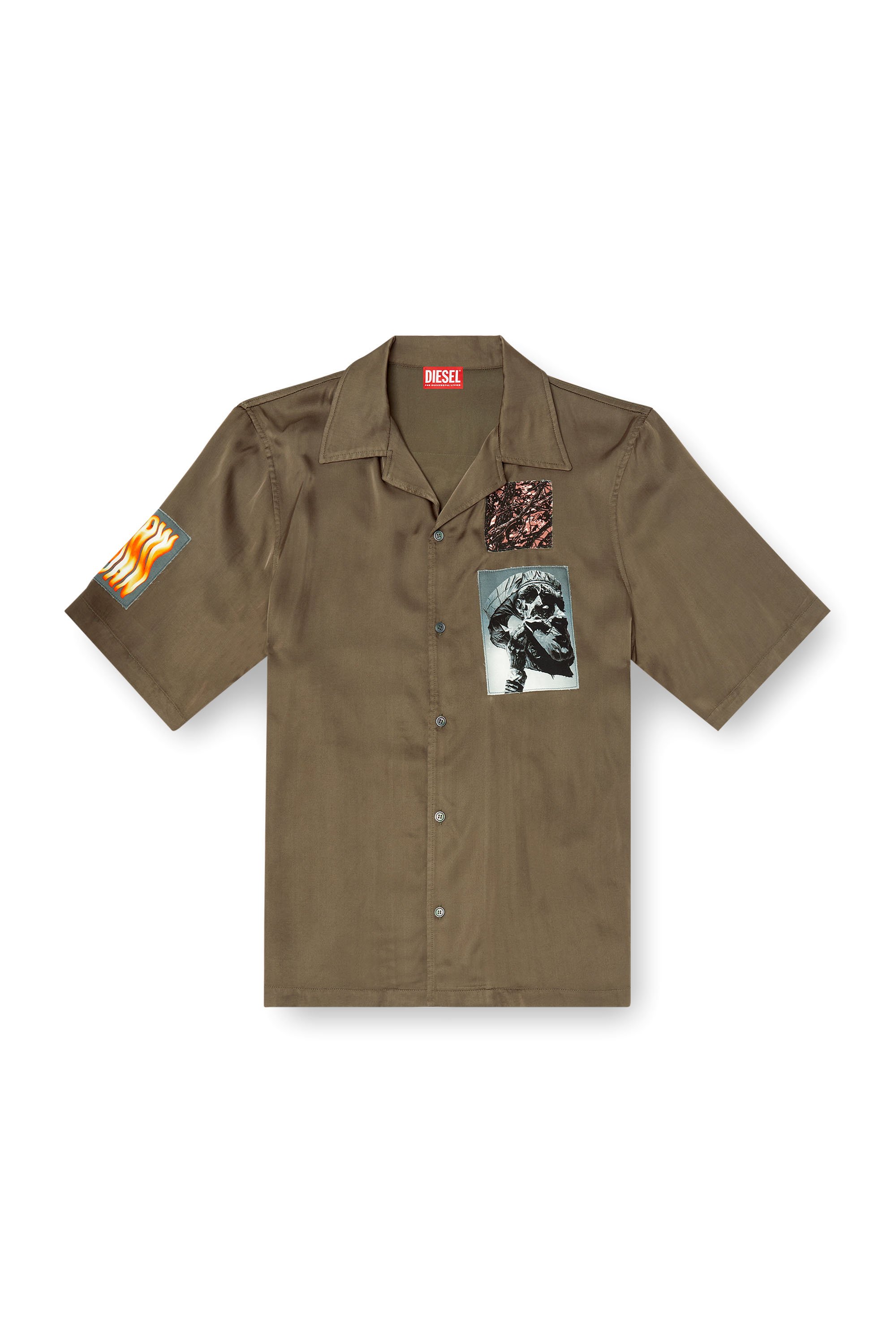 Diesel - S-DAXHE, Man's Short-sleeve satin shirt with patches in Military Green - 4