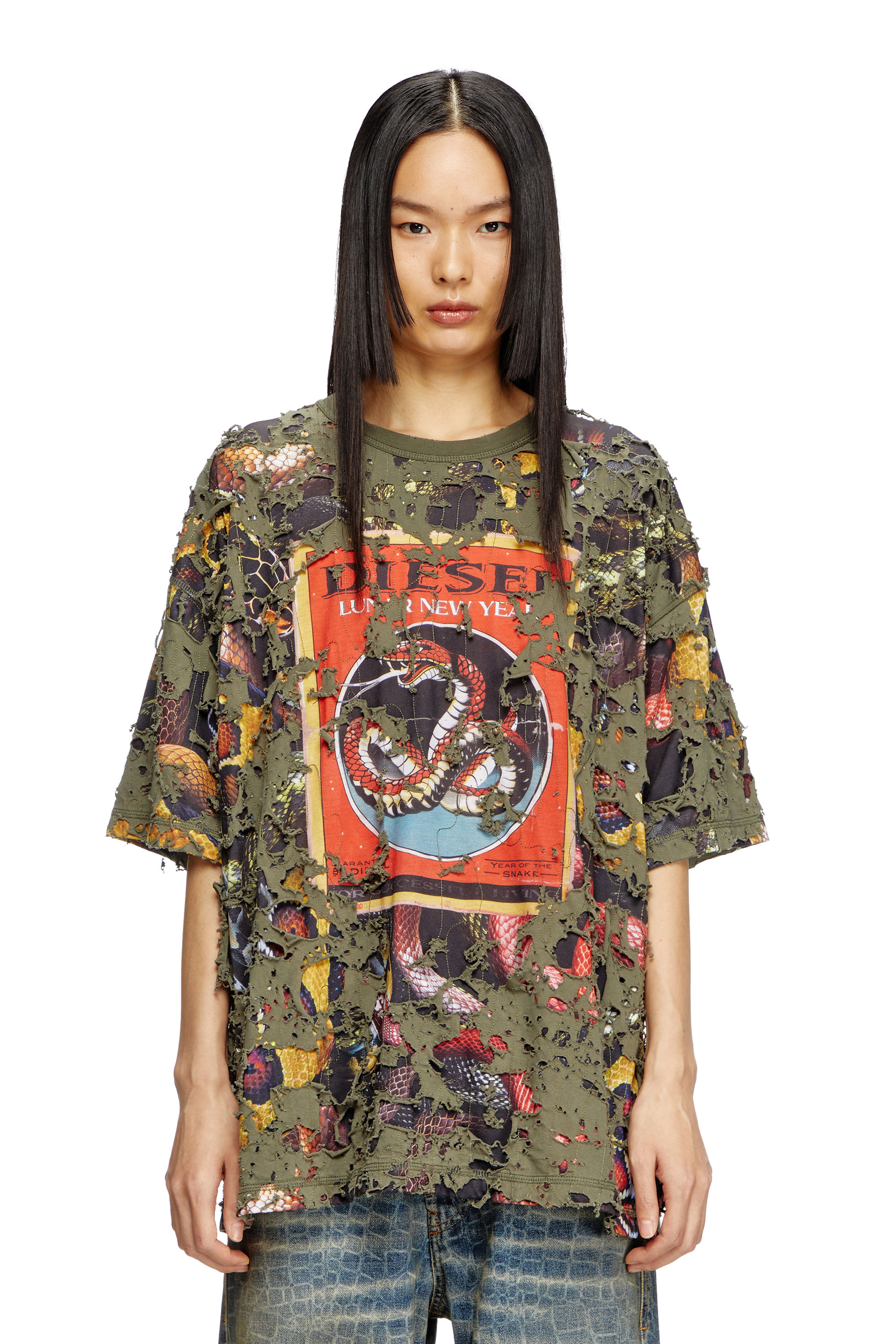 Diesel - CL-T-BOXT-DEVOR-SNAKE, Camiseta con estampado de serpiente y capa destruida Unisex in Verde - 1