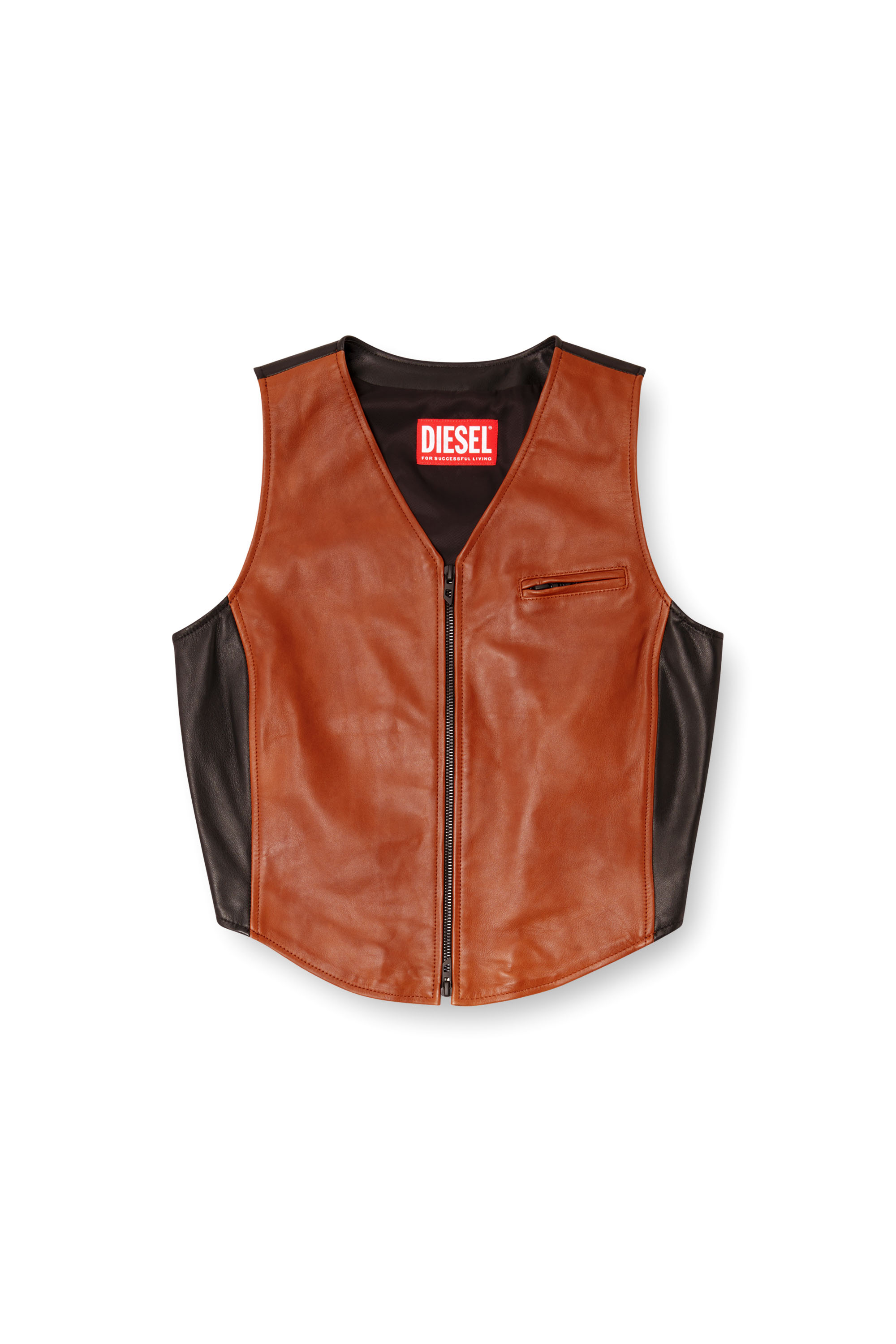 Diesel - L-USTRA, Woman's Cropped colour-block leather vest in Black/Brown - 5