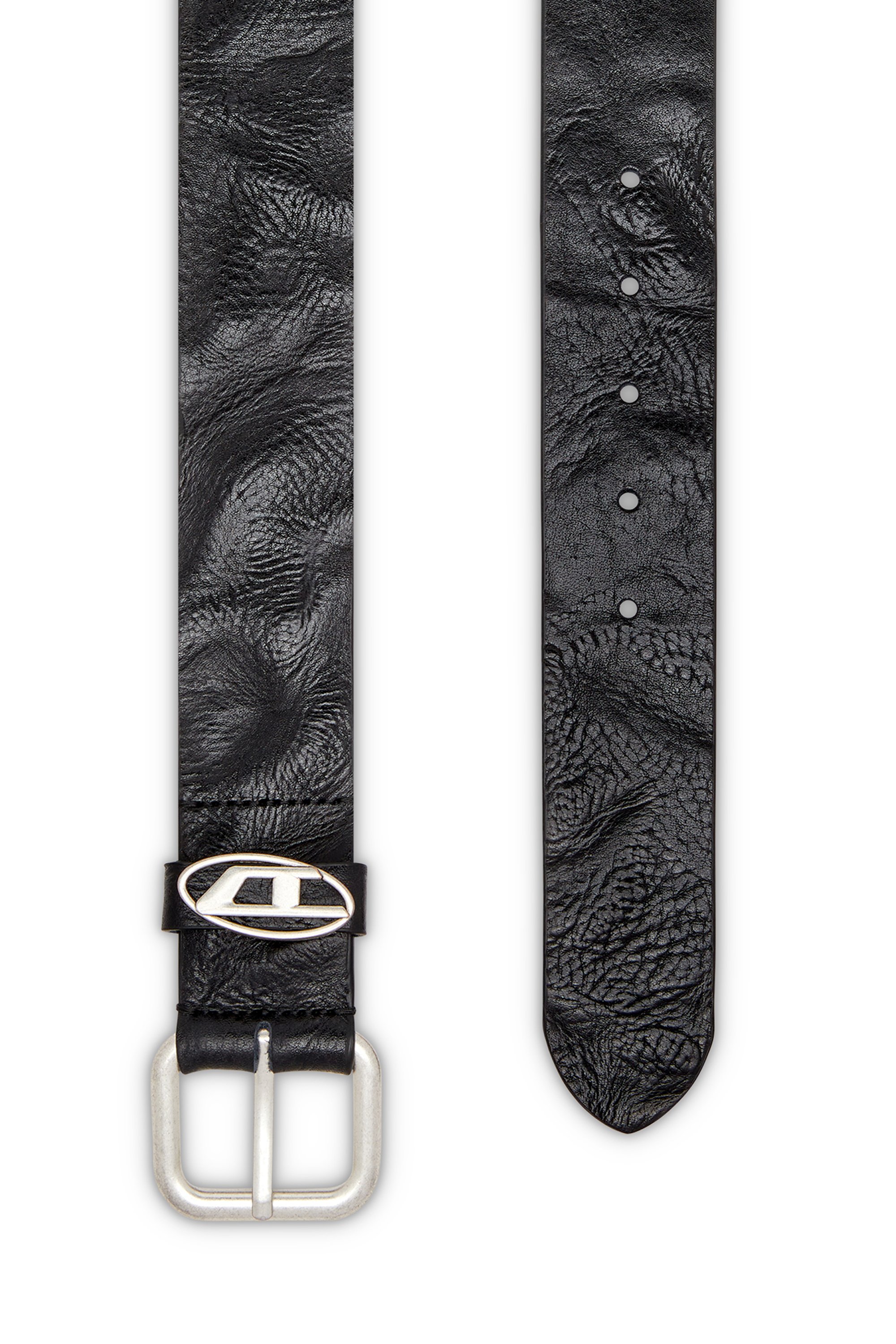 Diesel - B-1DR OVAL D LOOP, Unisex's Logo-plaque wrinkled leather belt in Black - 2