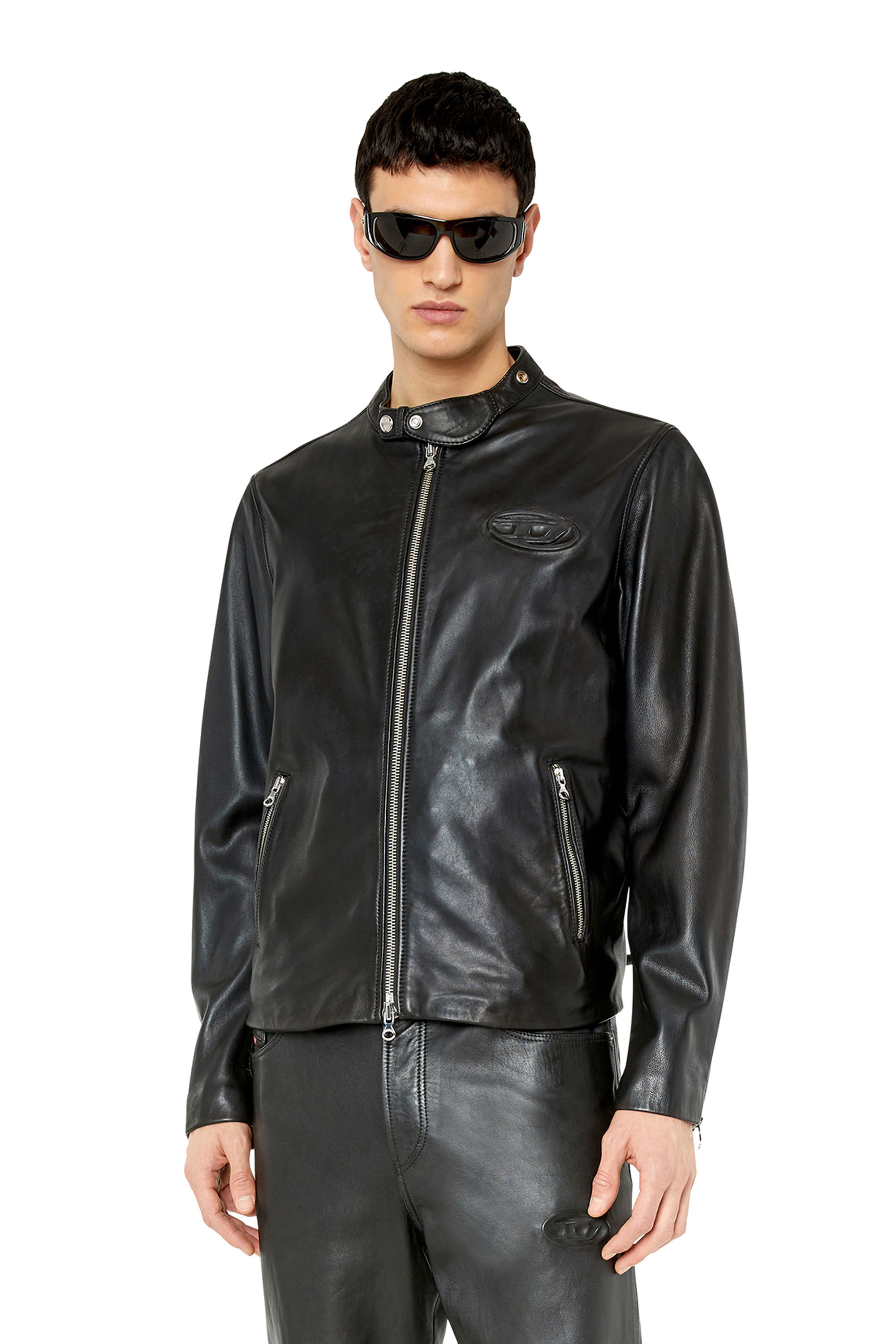 Diesel - L-METAL, Man Leather biker jacket with logo plaque in Black - Image 1