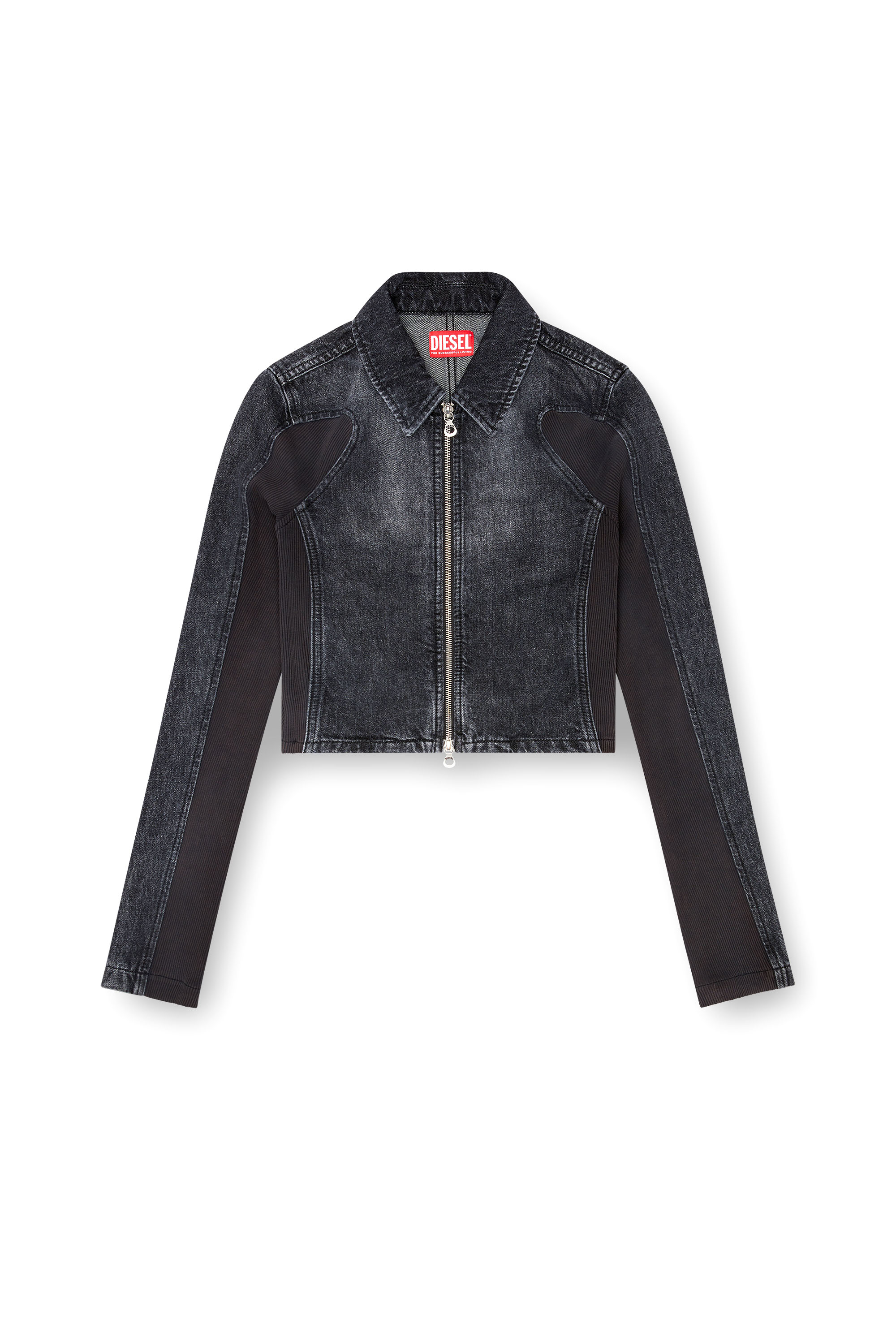 Diesel - DE-SYLEN-S, Chaqueta corta de denim con inserciones en canalé Mujer in Negro - 3