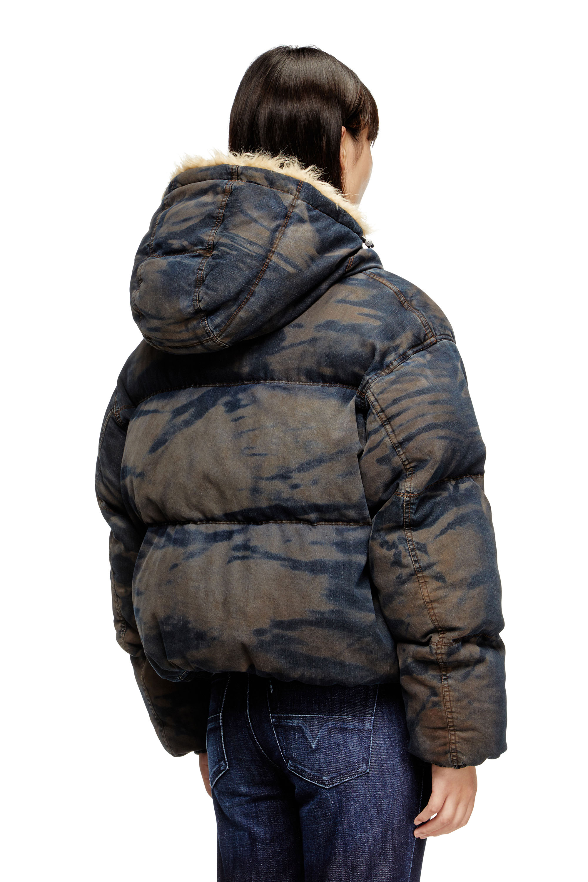 Diesel - W-AVES-FUR, Woman's Hooded puffer jacket in dirt-effect camo denim in Black/Brown - 3