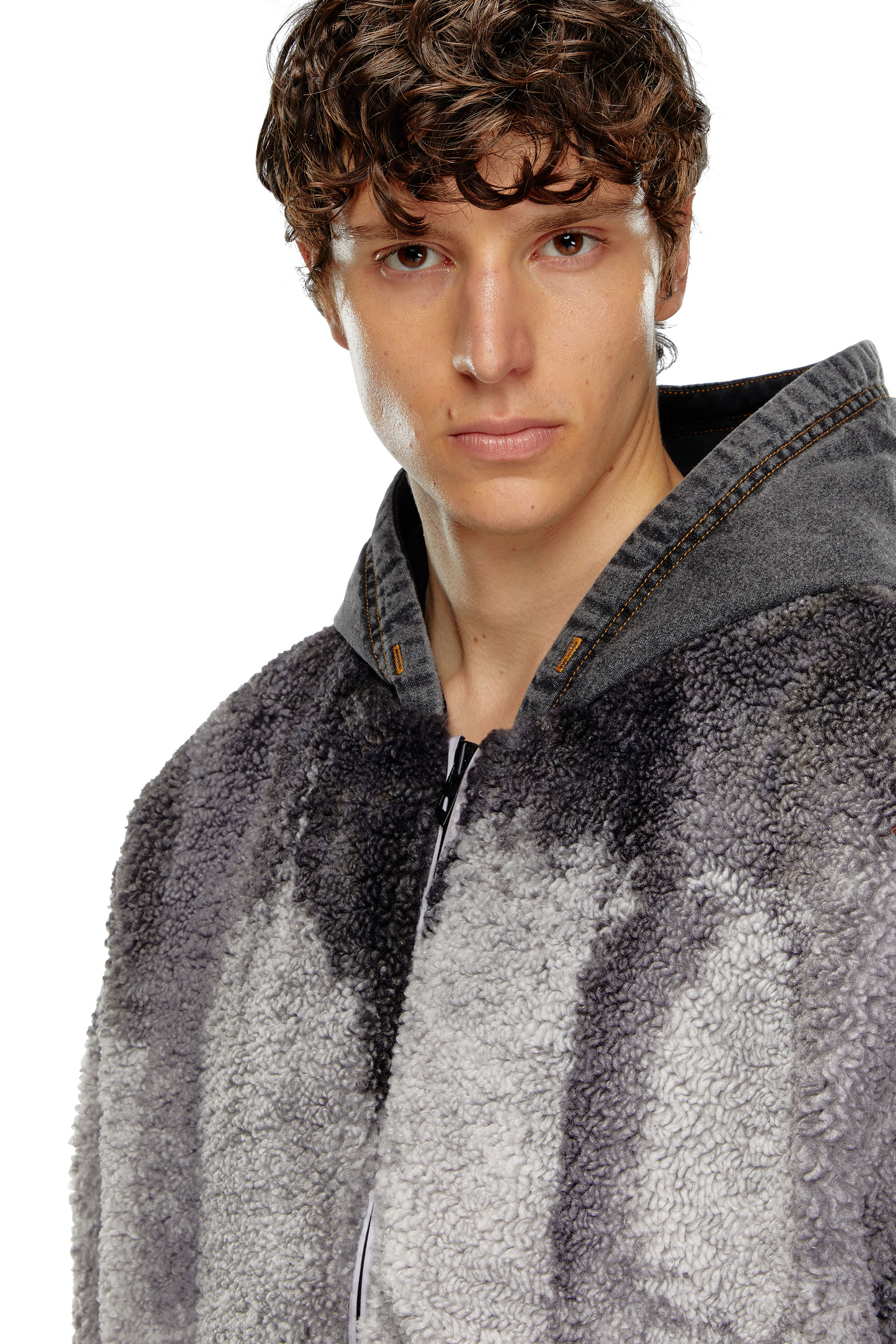 Diesel - S-DEPLA, Man Tie-dyed teddy jacket with denim hood in Grey - Image 4