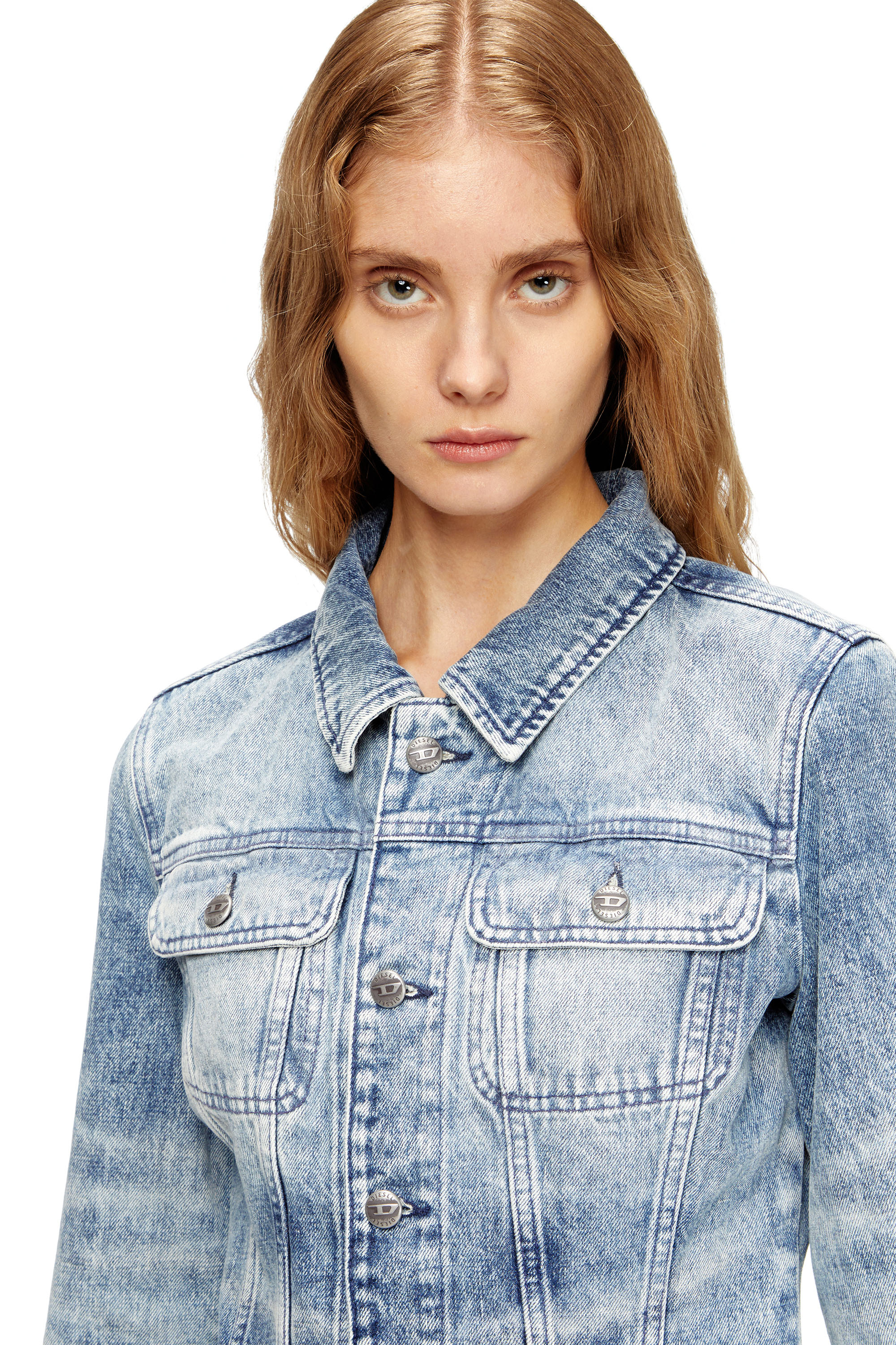 Diesel - DE-KATERIN-FSH, Chaqueta ajustada de denim de algodón y cáñamo grabado con láser Mujer in Azul marino - 4