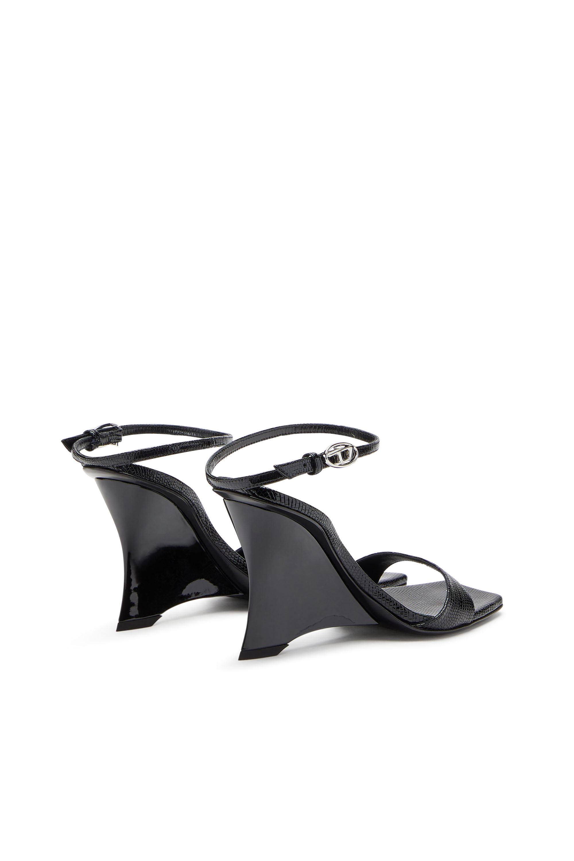 Diesel - D-AMBER SANDAL WEDGE, Sandalias de cuña en cuero efecto lagarto Mujer in Negro - 3