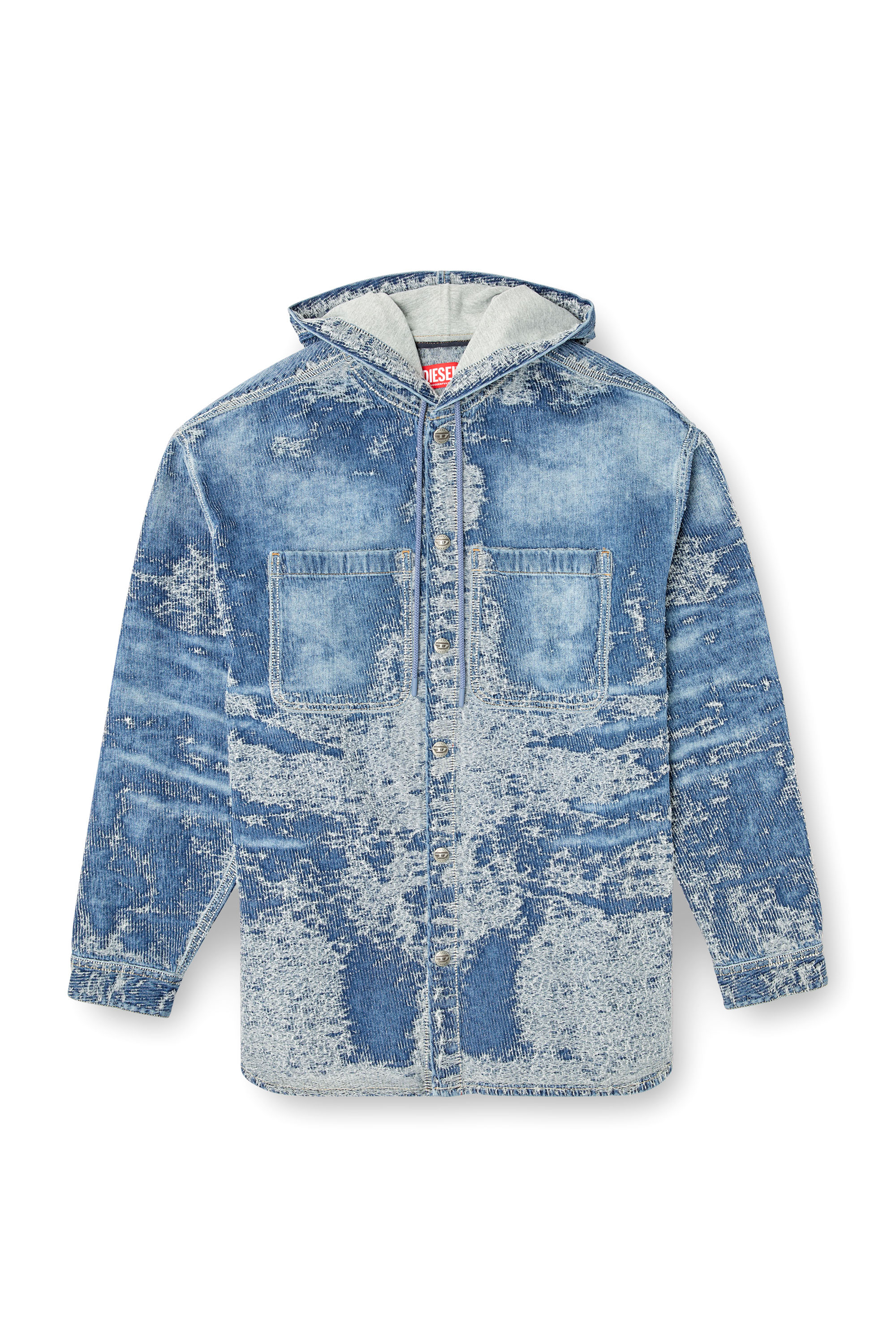 Diesel - D-DEWNYS-HOOD-S, Man's Overshirt in distressed jacquard denim in Medium blue - 6