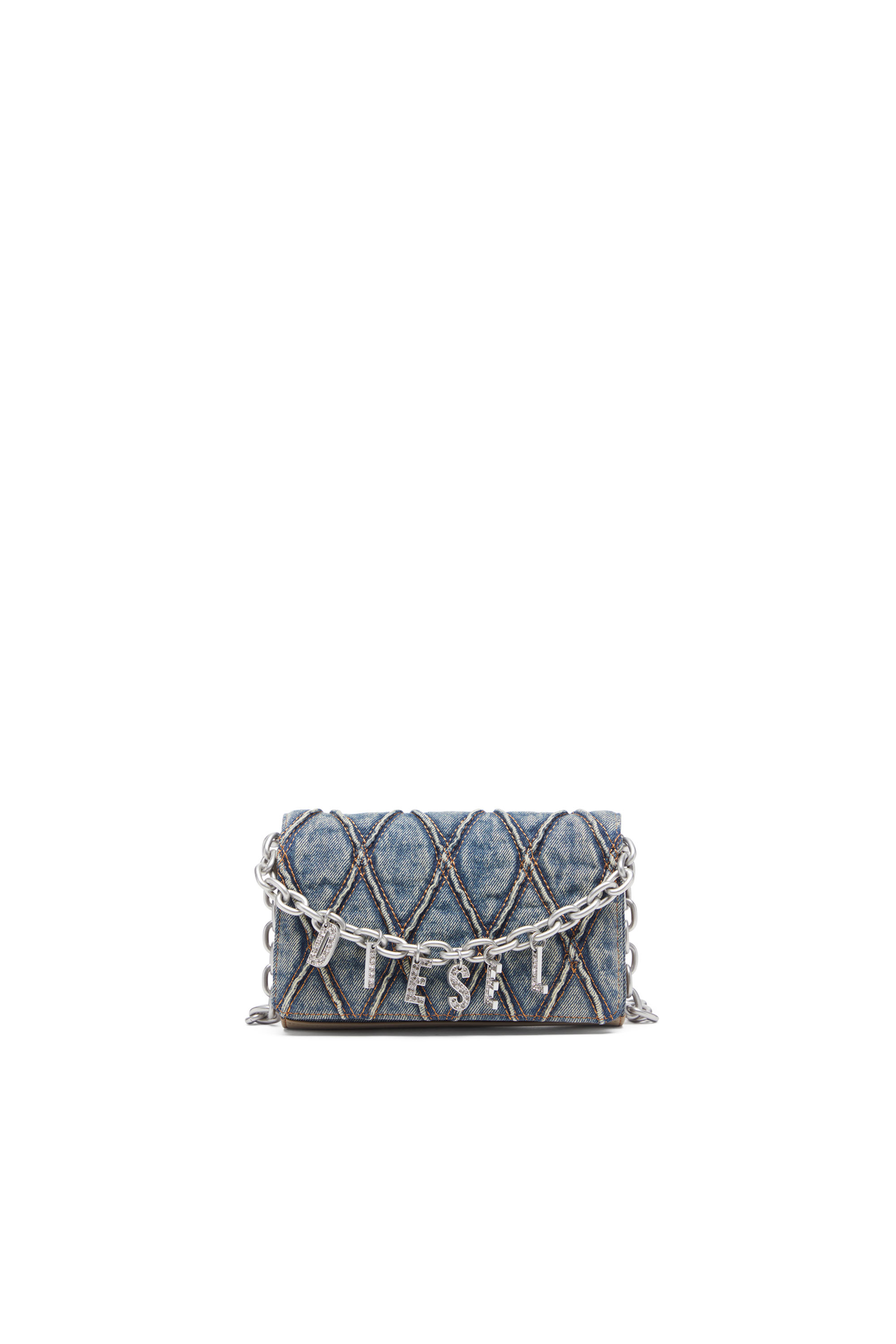 Diesel - CHARM-D WALLET STRAP, Monedero de denim acolchado con motivo argyle Mujer in Azul marino - 1