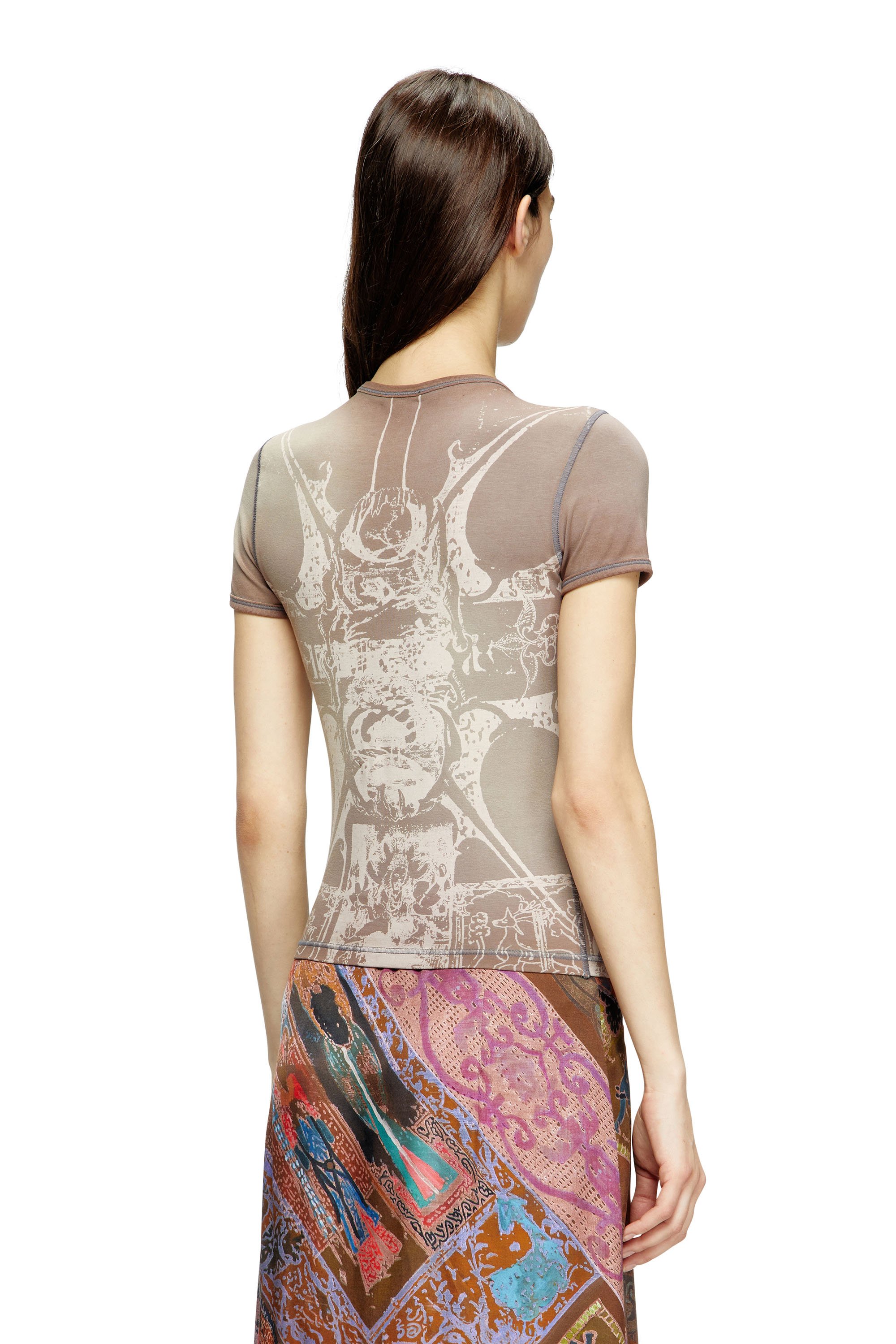 Diesel - T-UNCUTIES-LONG-R6, Woman's T-shirt with foil print in Light Brown - 3