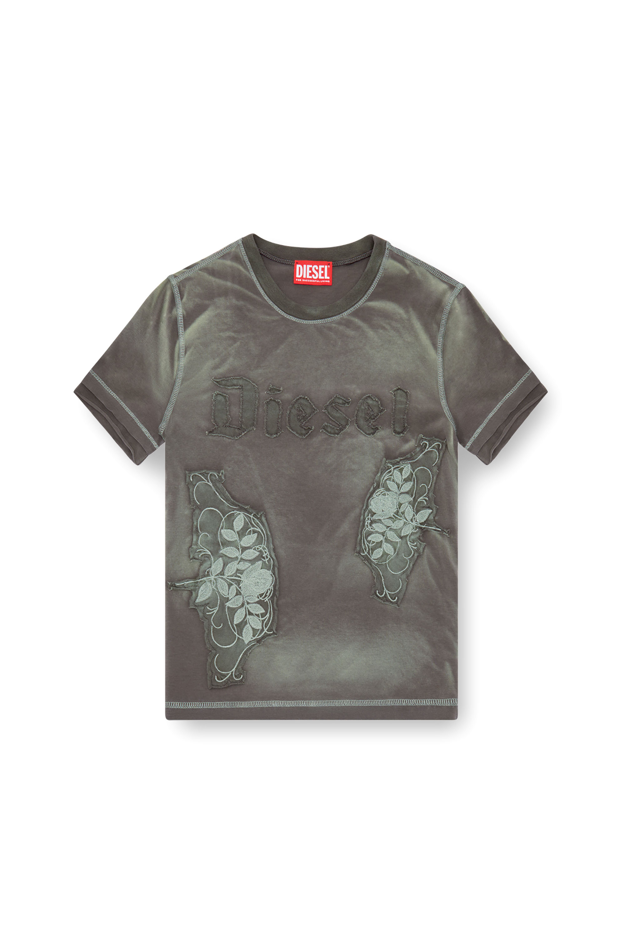 Diesel - T-UNCUT, Woman's T-shirt with embroidered floral patches in Green - 3