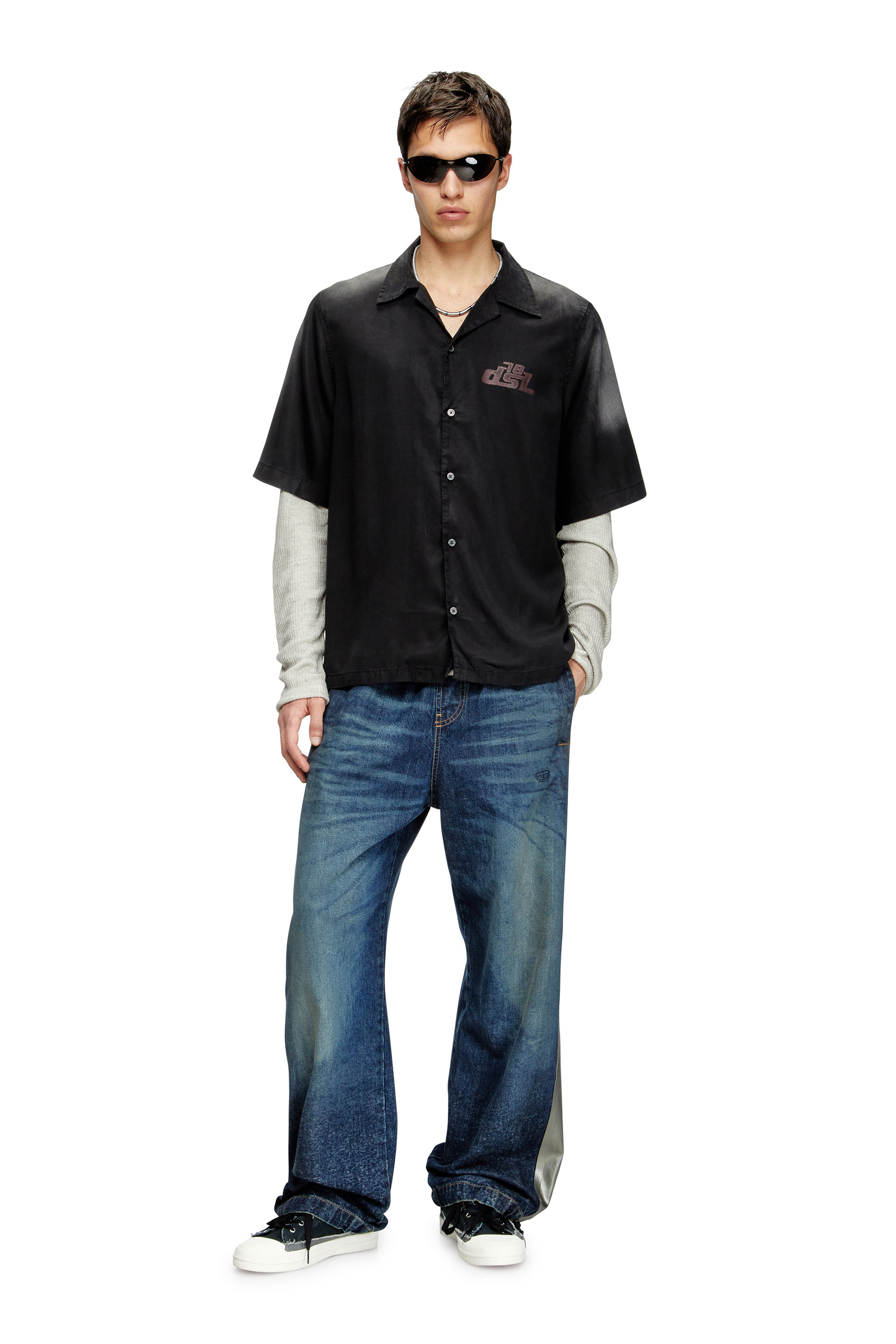 Diesel - S-ELLY, Camisa de bolos desteñida con estampados de logotipos Hombre in Negro - 2