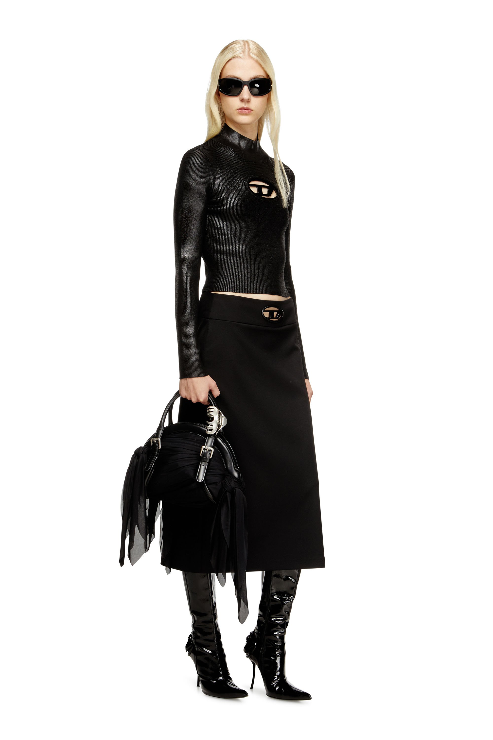 Diesel - M-VALARI-TN, Woman's Ribbed-knit turtleneck with shiny effect in Black/Silver - 2