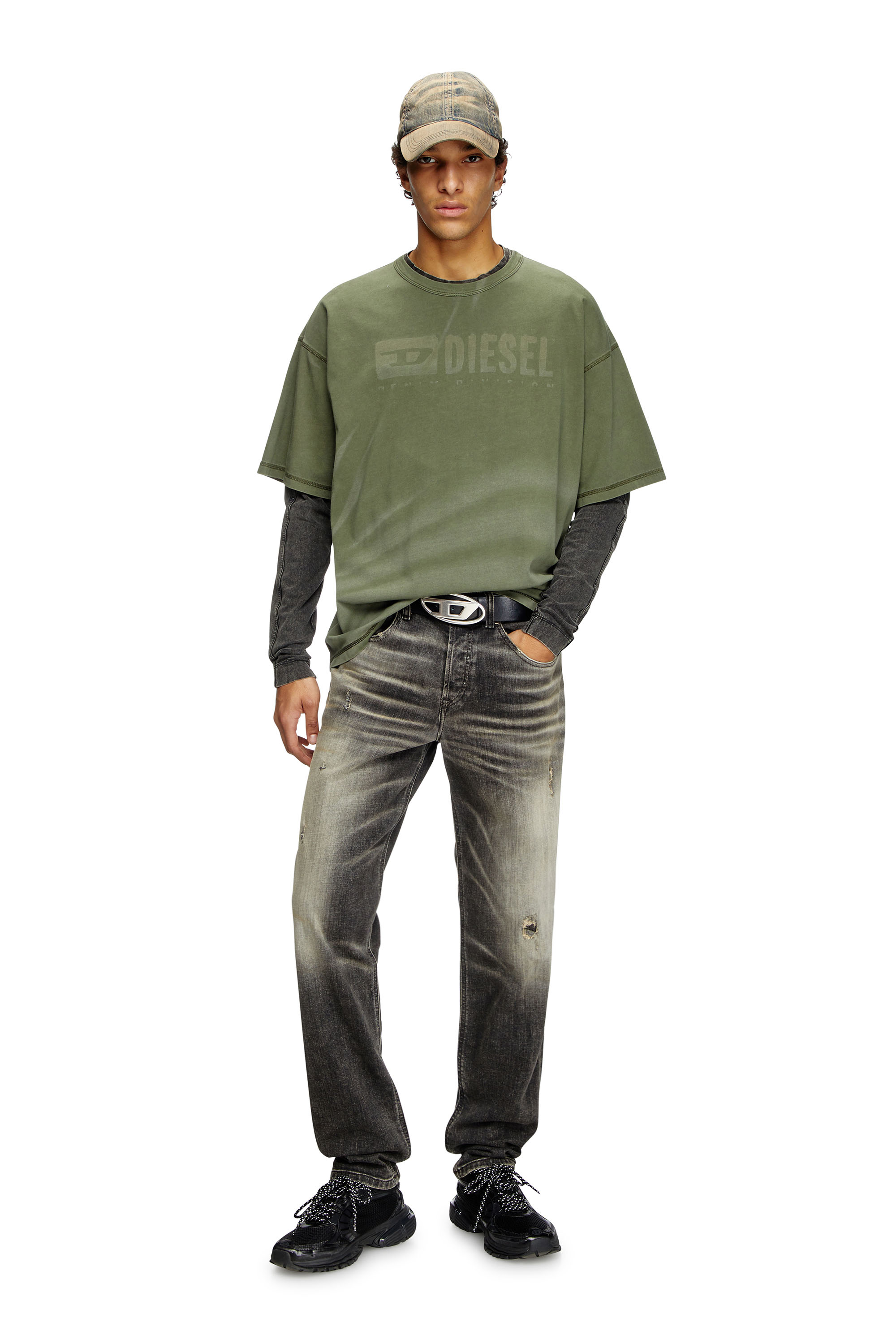 Diesel - T-ADJUST-R13, Man's Laser-faded logo T-shirt in Olive Green - 3