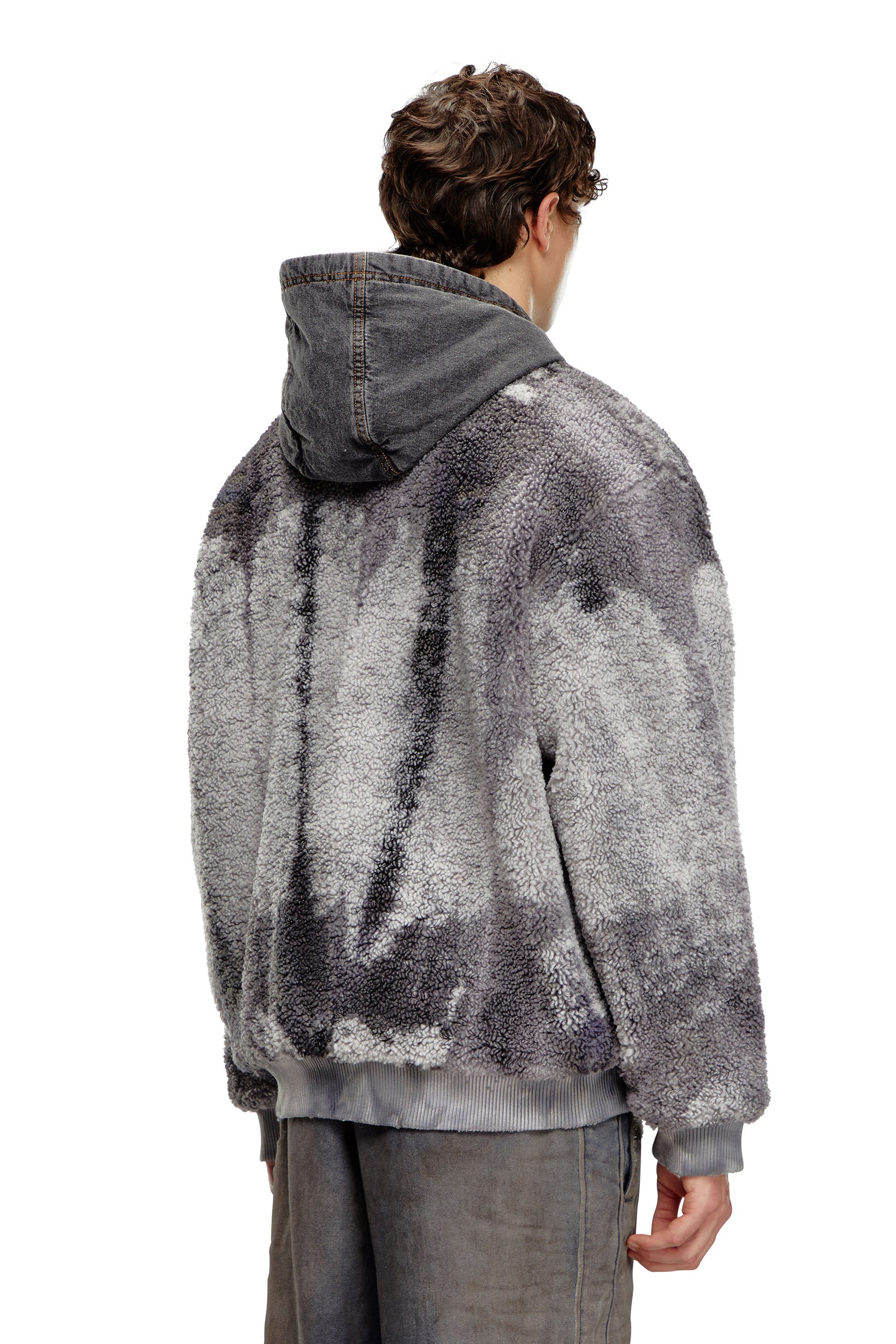Diesel - S-DEPLA, Man Tie-dyed teddy jacket with denim hood in Grey - Image 3