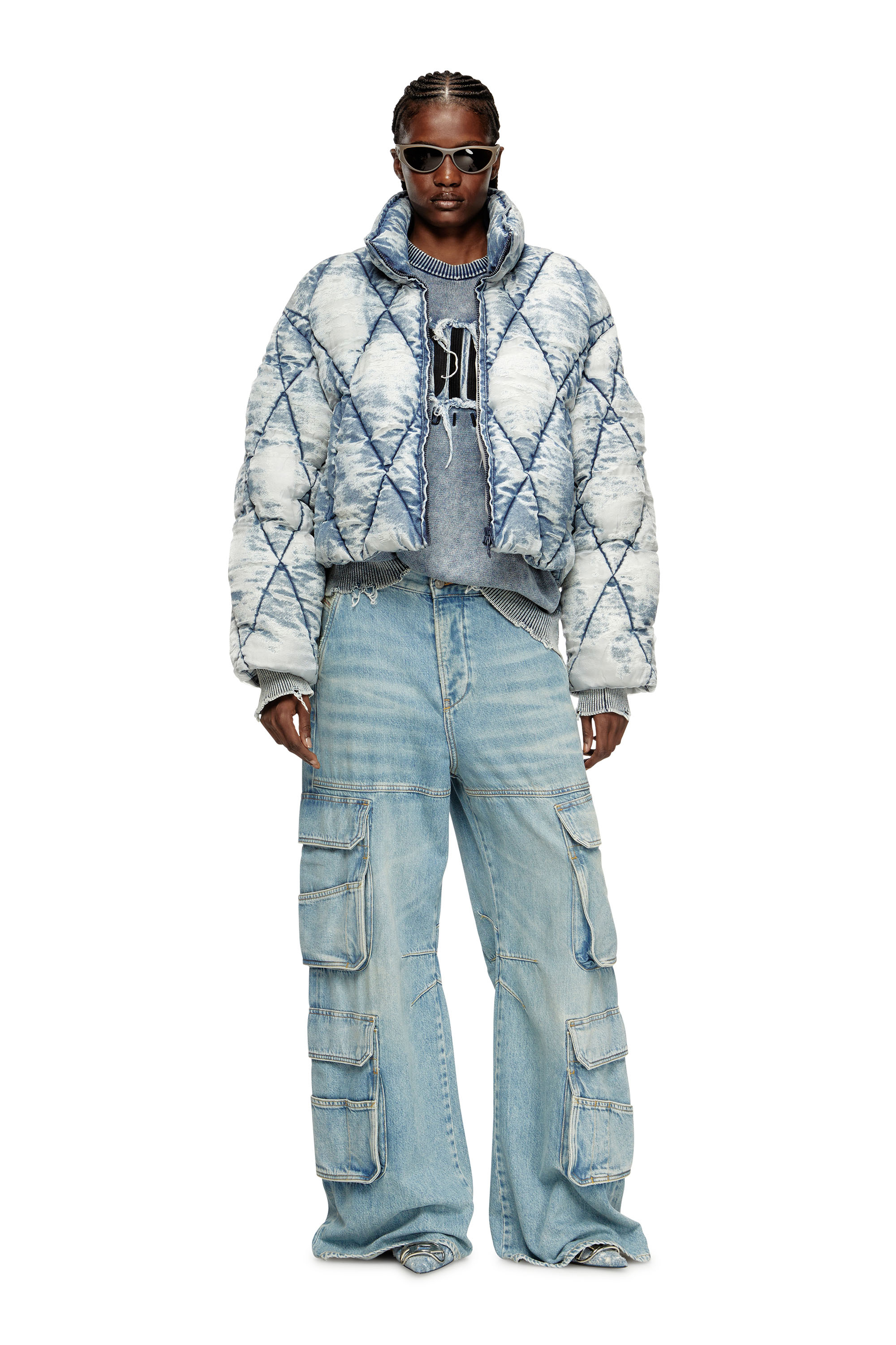 Diesel - W-HISTEL, Woman's Puffer jacket in argyle-quilted devoré shell in Light Blue - 2