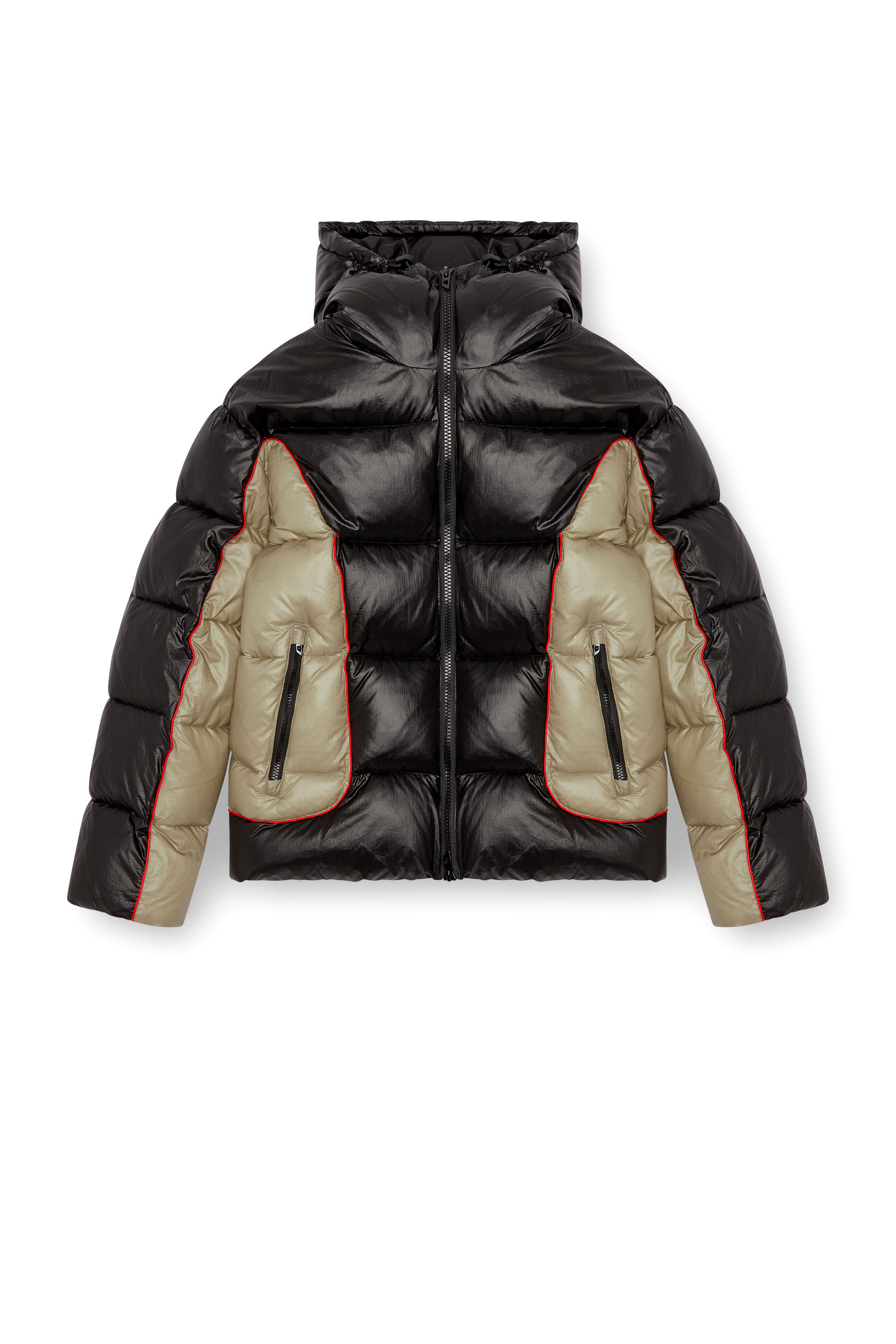 Diesel - W-OSTEND, Man's Hooded puffer jacket in shiny ripstop in Black/Beige - 5