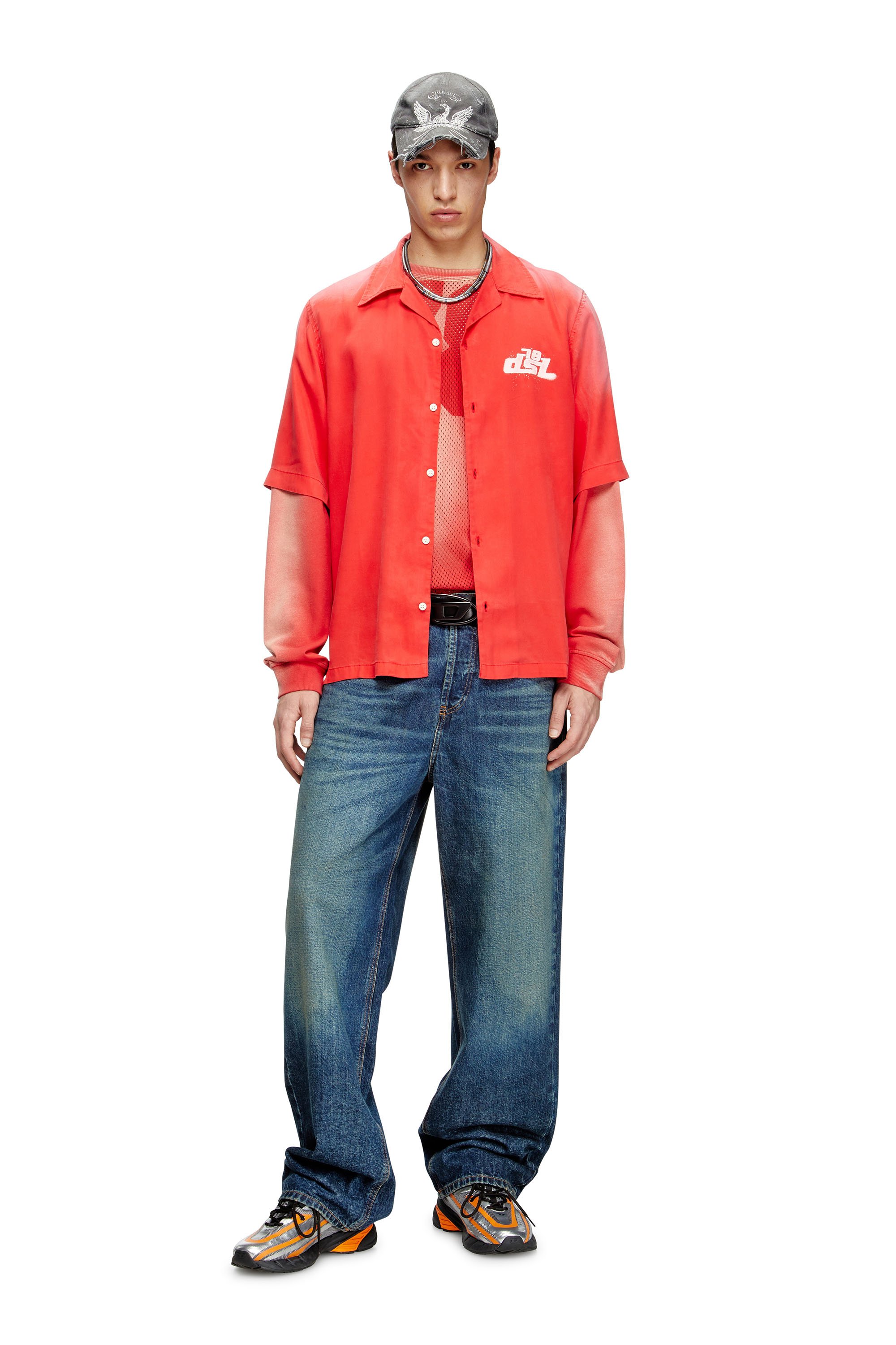 Diesel - S-ELLY, Camisa de bolos desteñida con estampados de logotipos Hombre in Rojo - 2