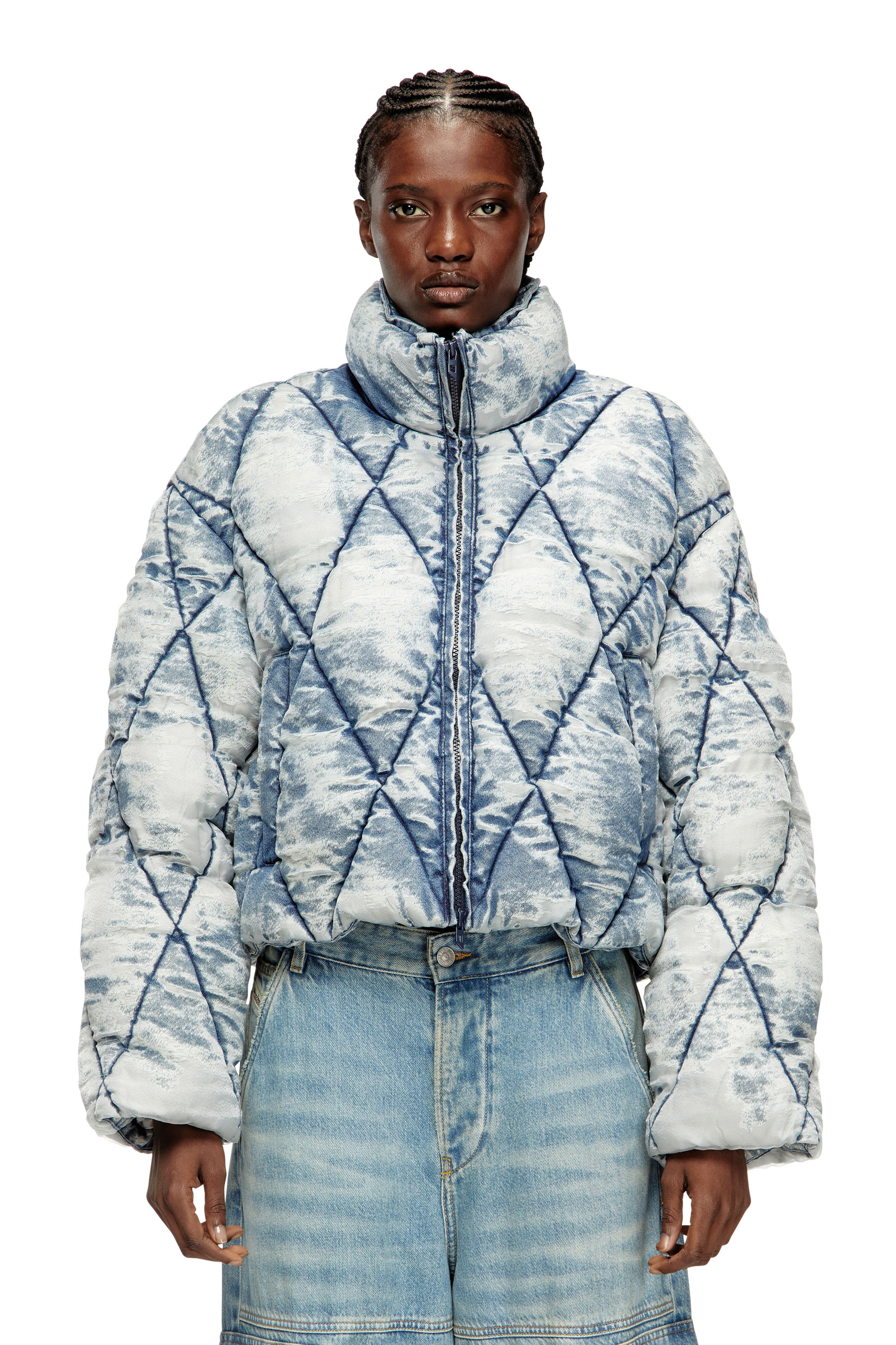 Diesel - W-HISTEL, Woman's Puffer jacket in argyle-quilted devoré shell in Light Blue - 1