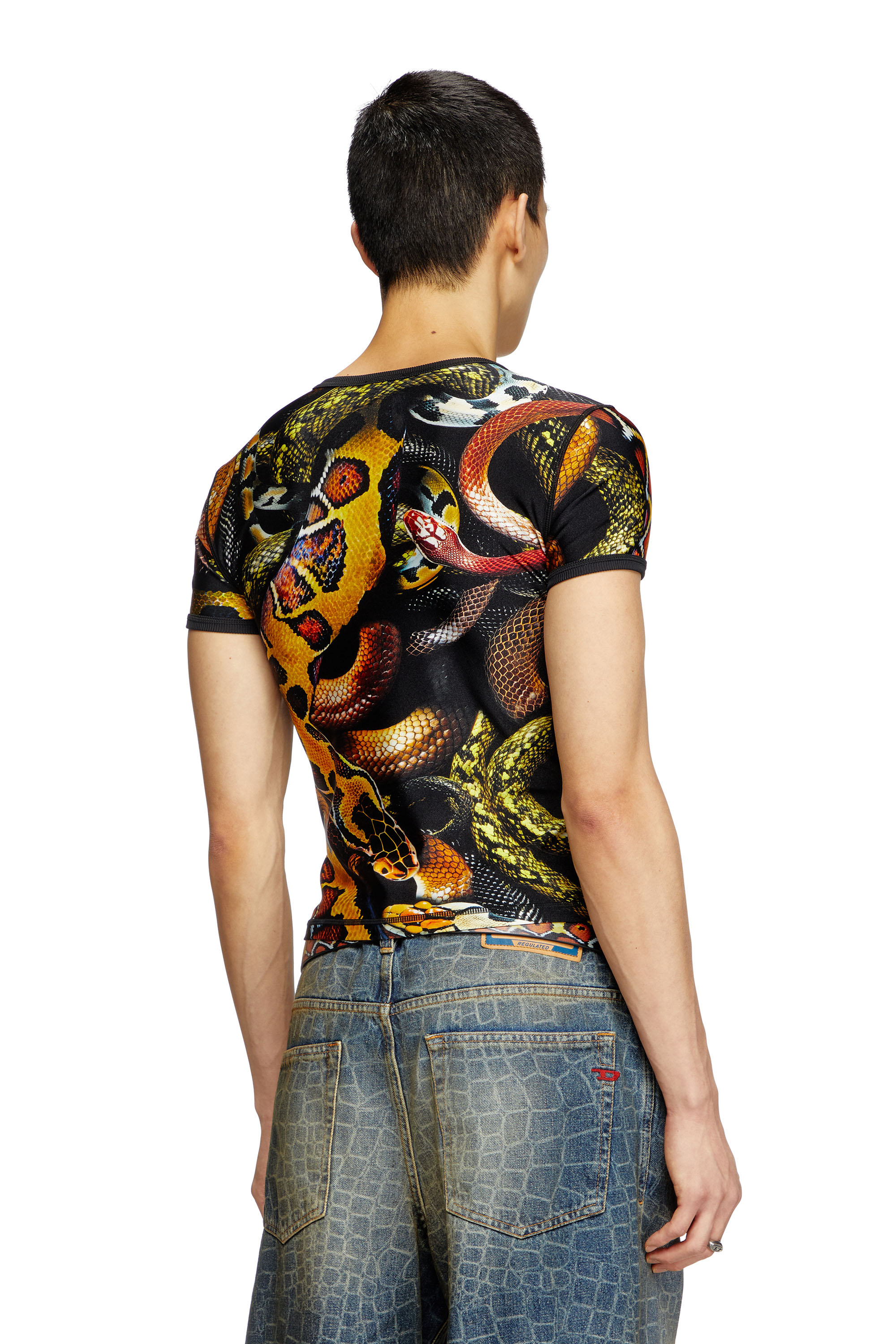 Diesel - CL-T-UNCLE-SNAKE, Unisex's Lycra T-shirt with all-over snake print in Black/Yellow - 2