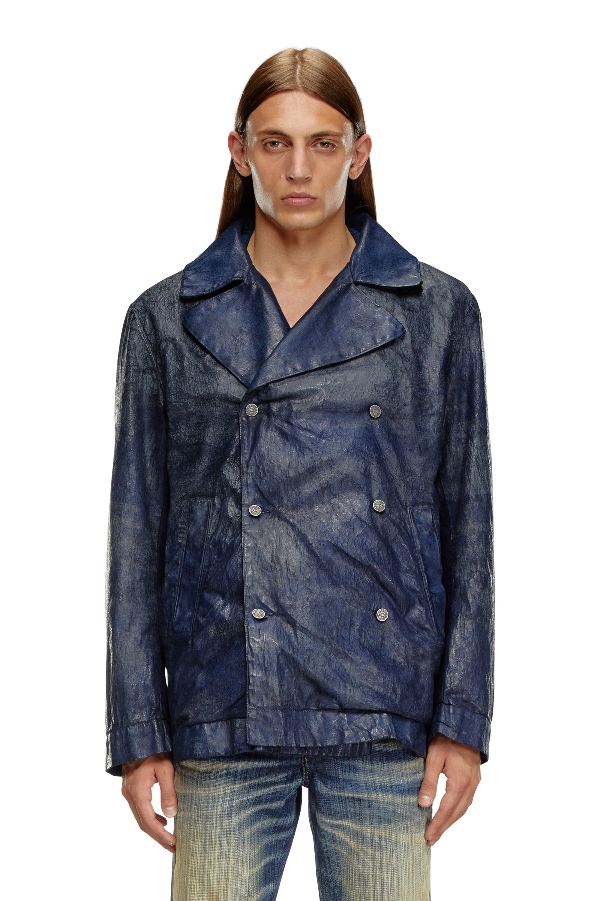 Diesel - D-BONDED-S, Chaqueta con botonadura doble en denim recubierto Hombre in Azul marino - 1