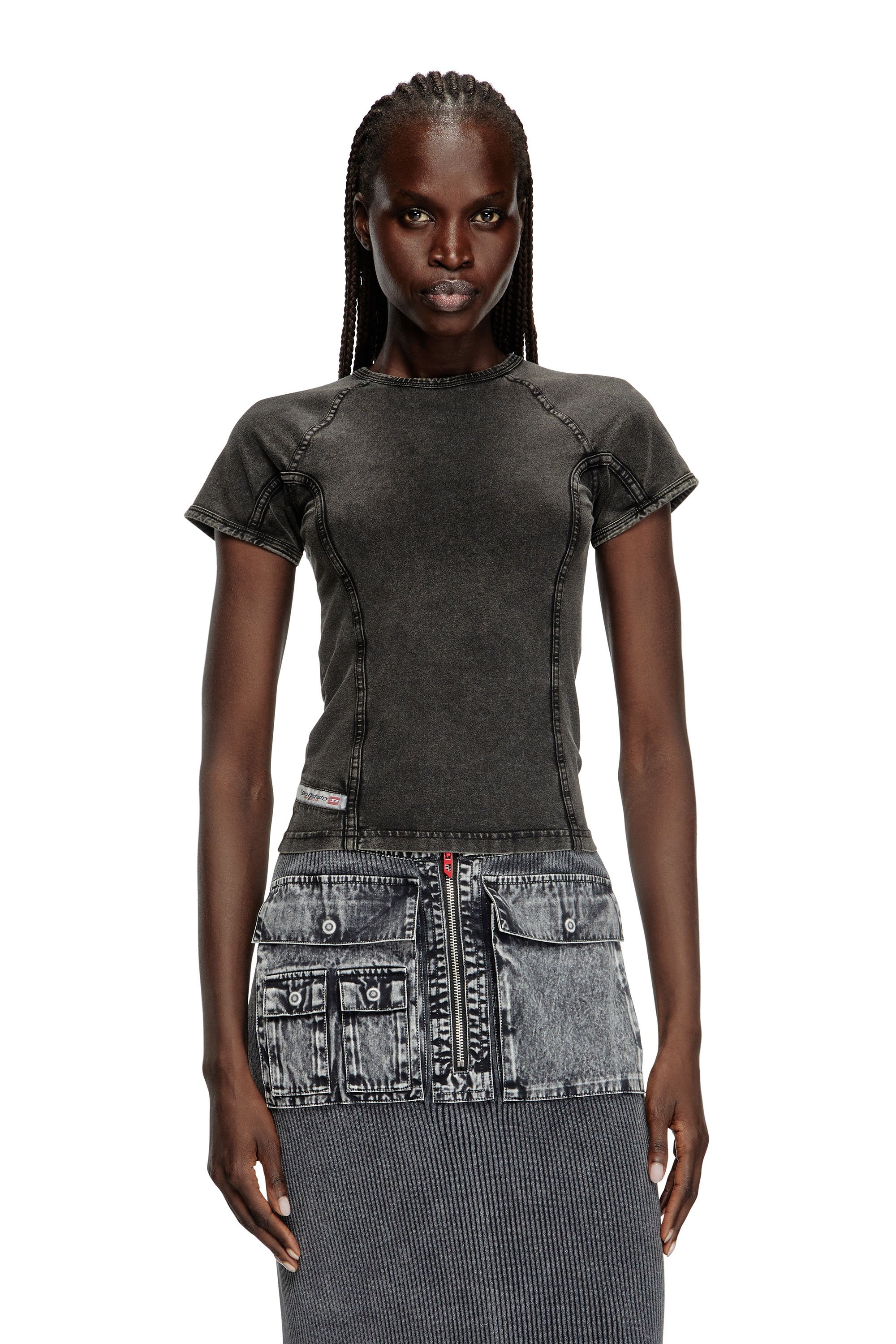 Diesel - T-LYNNE, Top con efecto denim en jersey elástico Mujer in Negro - 1