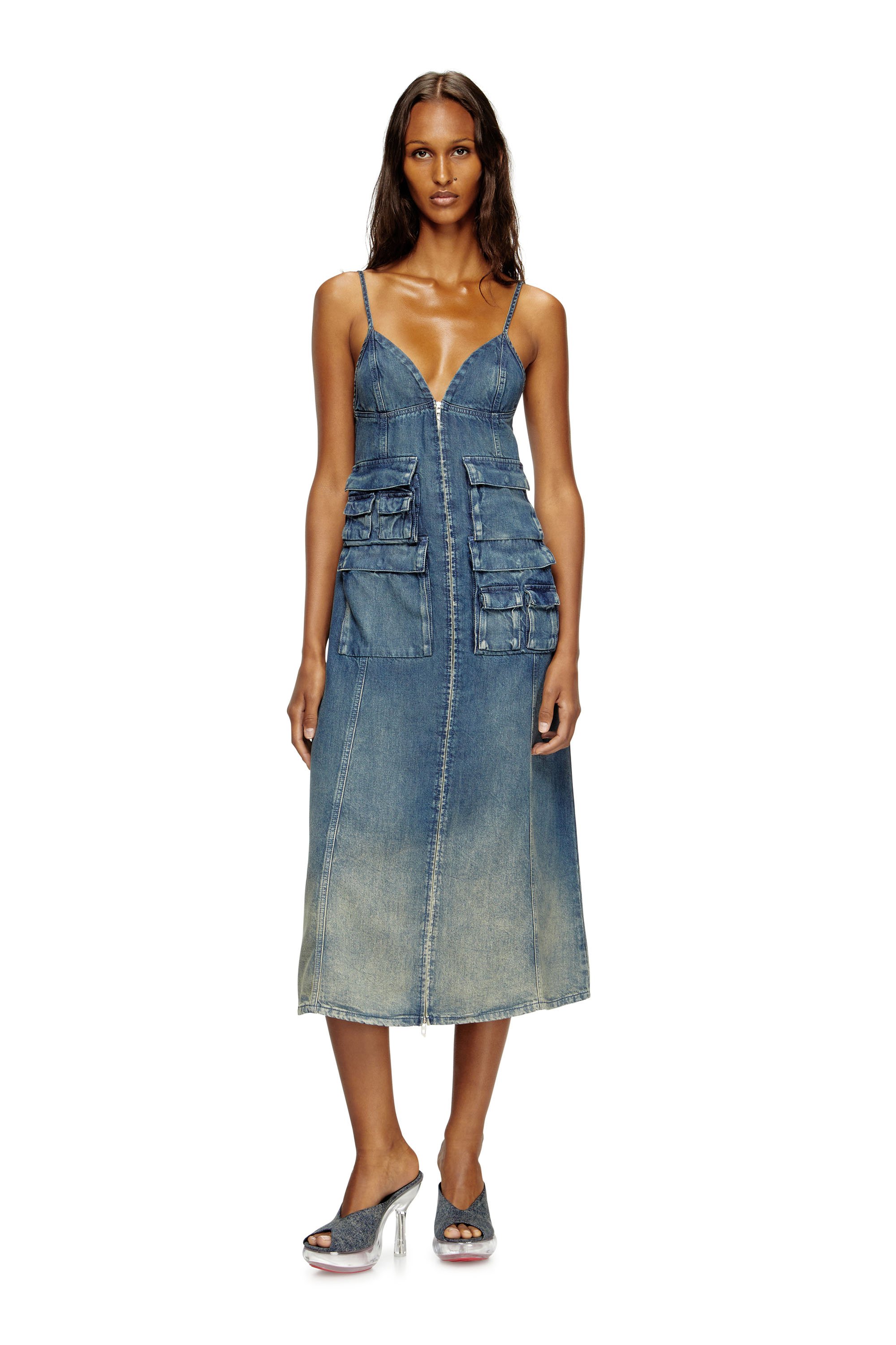 Diesel - DE-MELVI-S, Vestido de denim fluido desgastado con láser Mujer in Azul marino - 2