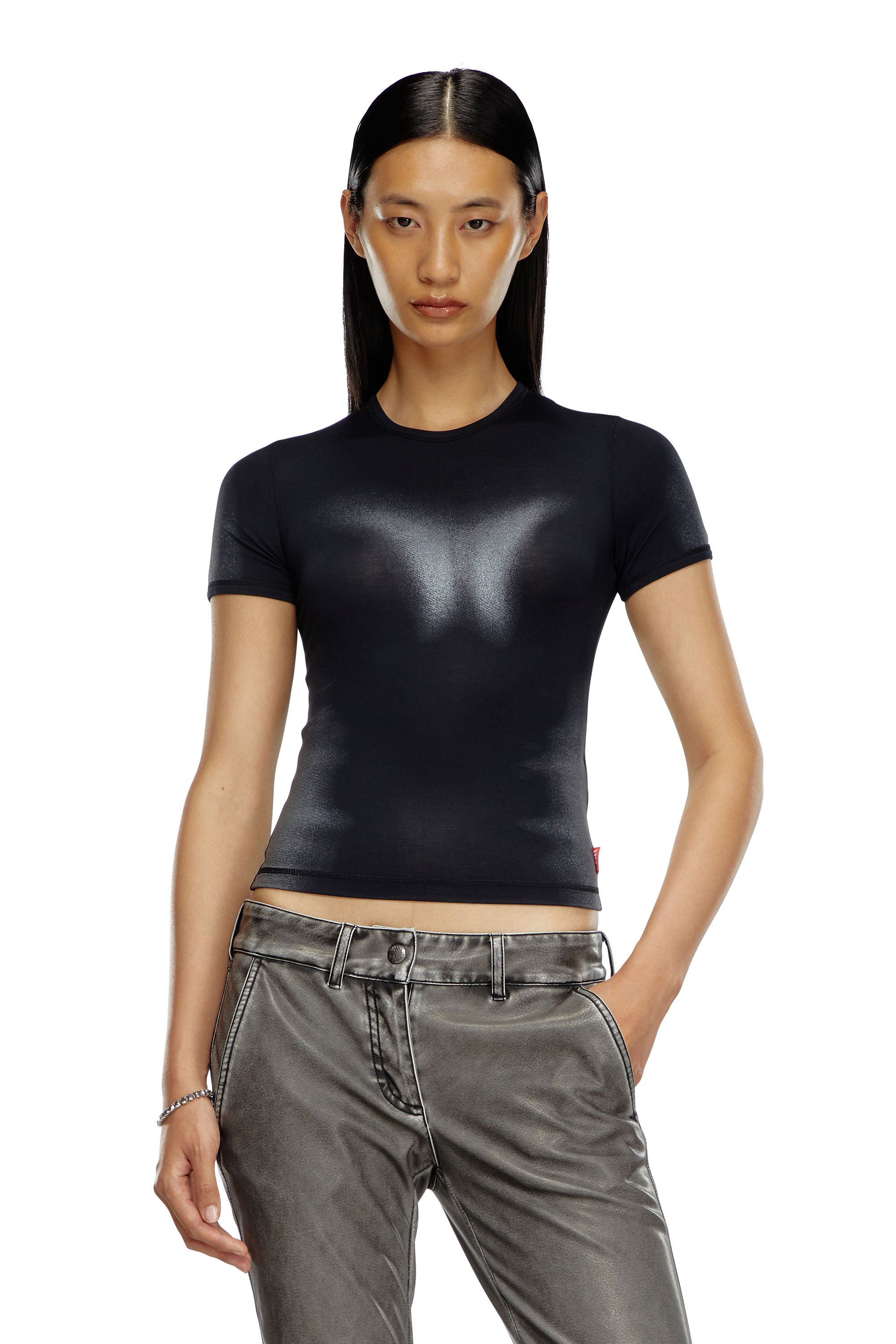 Diesel - T-ANESSA, Woman's T-shirt with metallic effects in Black - 1