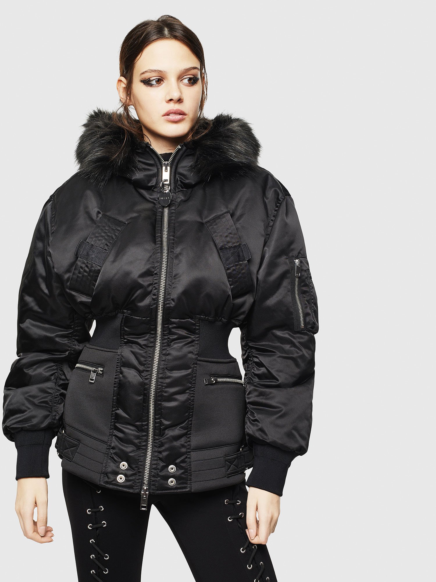 W-ISOKE-A Woman: Hybrid jacket with faux fur-trimmed hood | Diesel