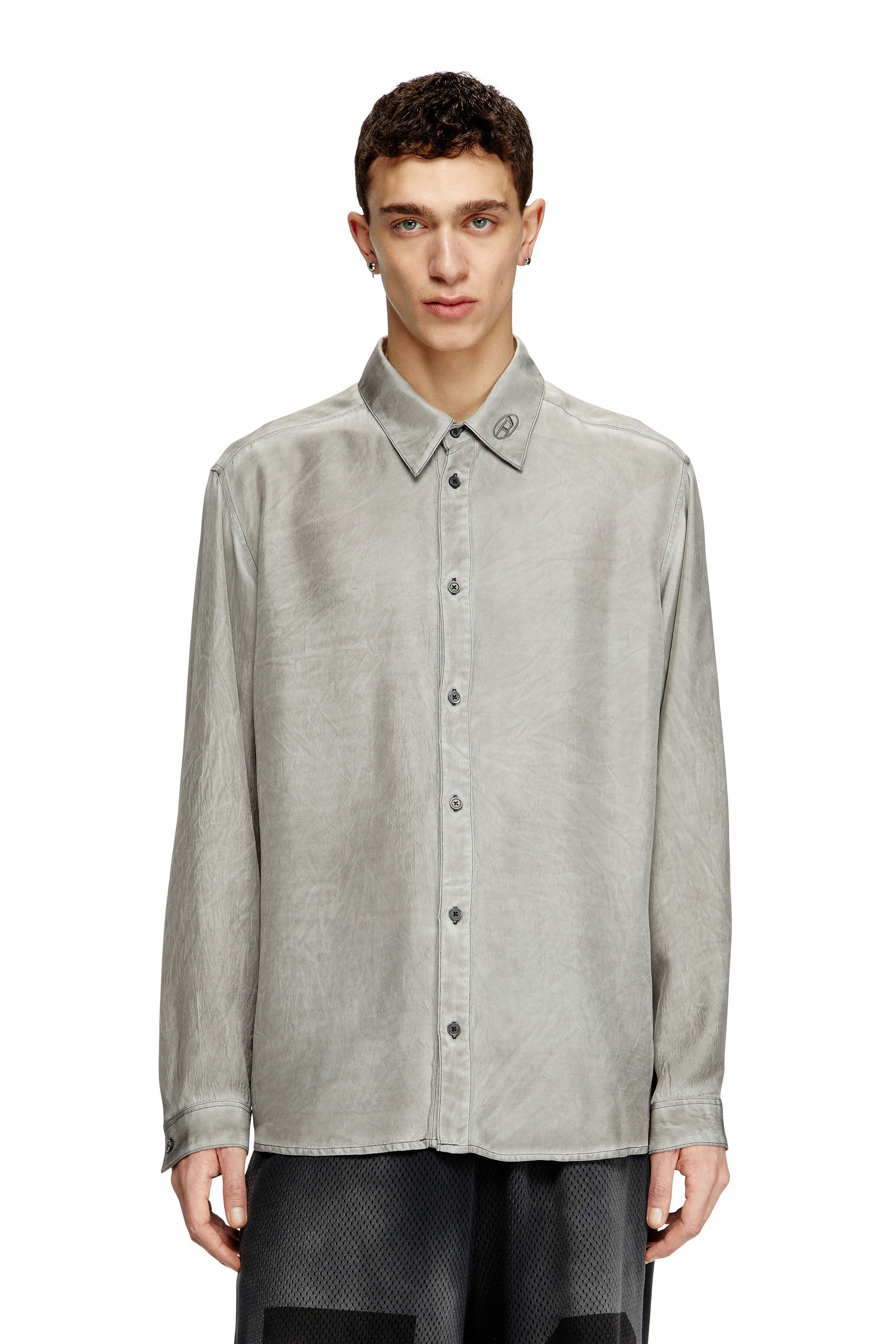 Diesel - S-LEON, Camisa de tejido fluido arrugada con cuello y logotipo Unisex in Gris - 1