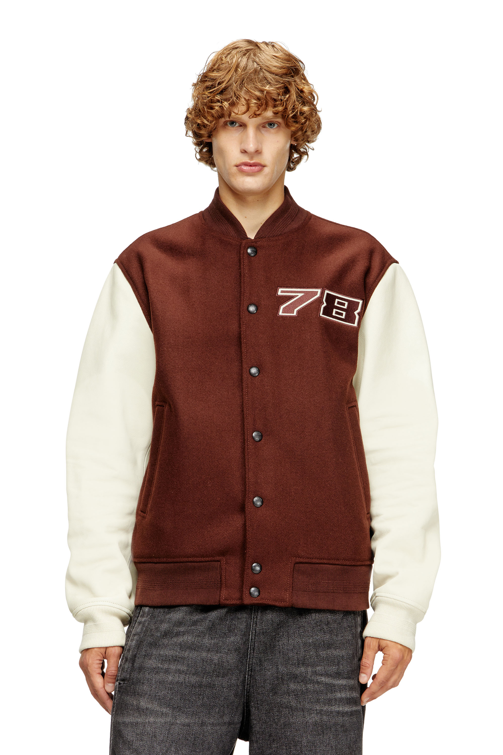 Diesel - L-KOPF, Man's Padded bomber jacket in wool and leather in Brown - 1