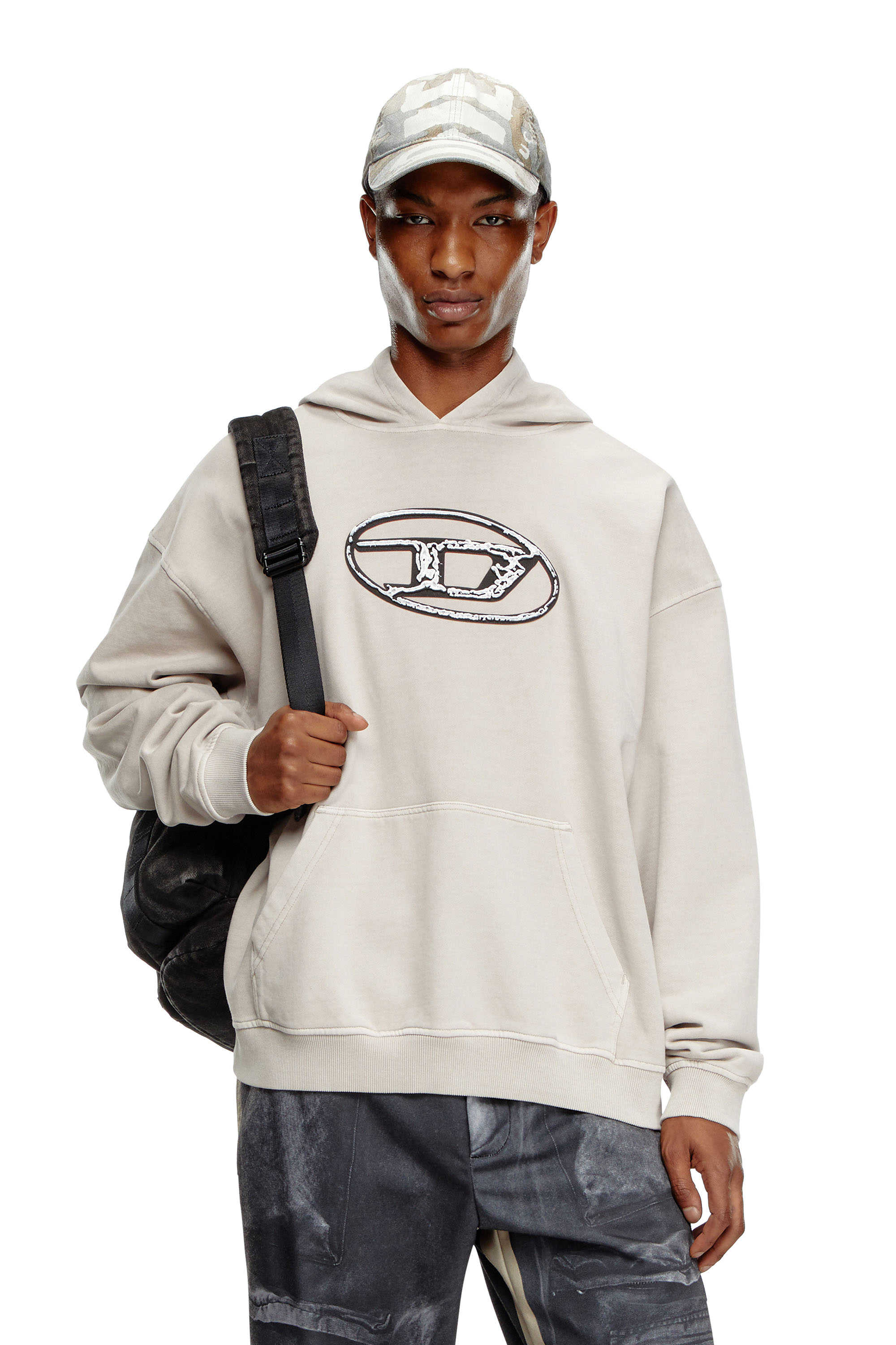 DIESEL ロゴ S-Boxt-Hood-Q7 コットン 長袖 パーカー 2色 Men's Hoodie with multi-layered logo print | Grey | Diesel