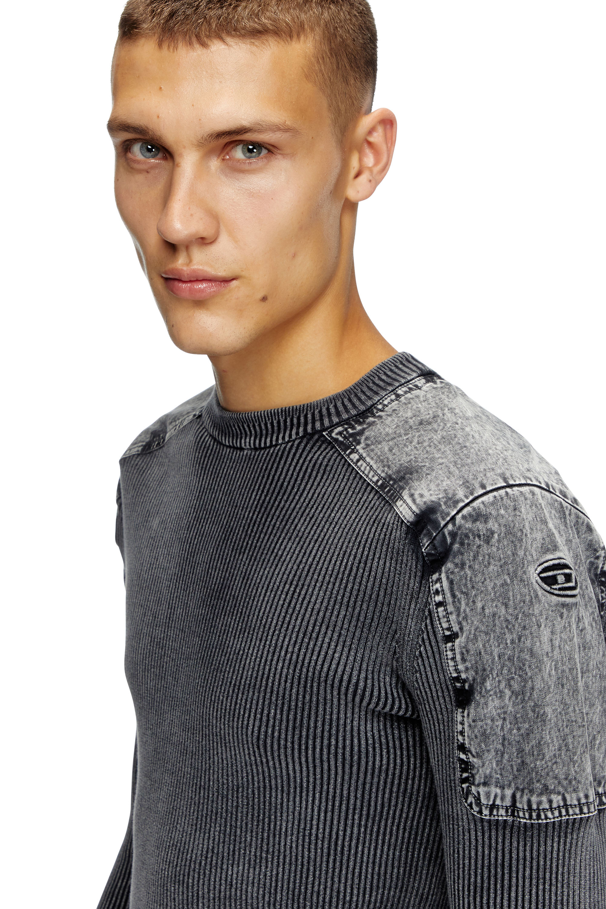 Diesel - K-MARTIN, Man's Jumper with denim shoulder panels in Dark grey - 4