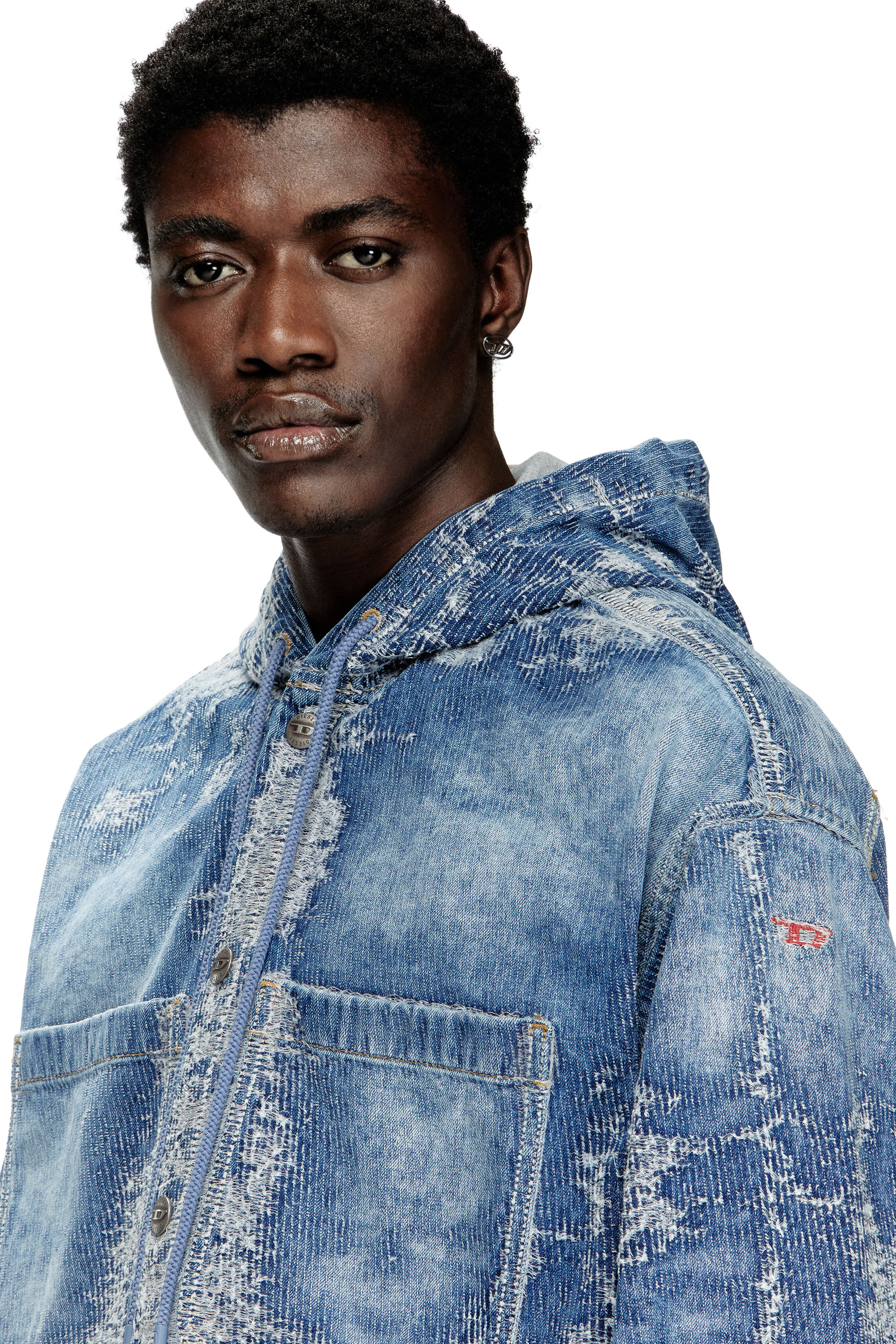 Diesel - D-DEWNYS-HOOD-S, Man's Overshirt in distressed jacquard denim in Medium blue - 3