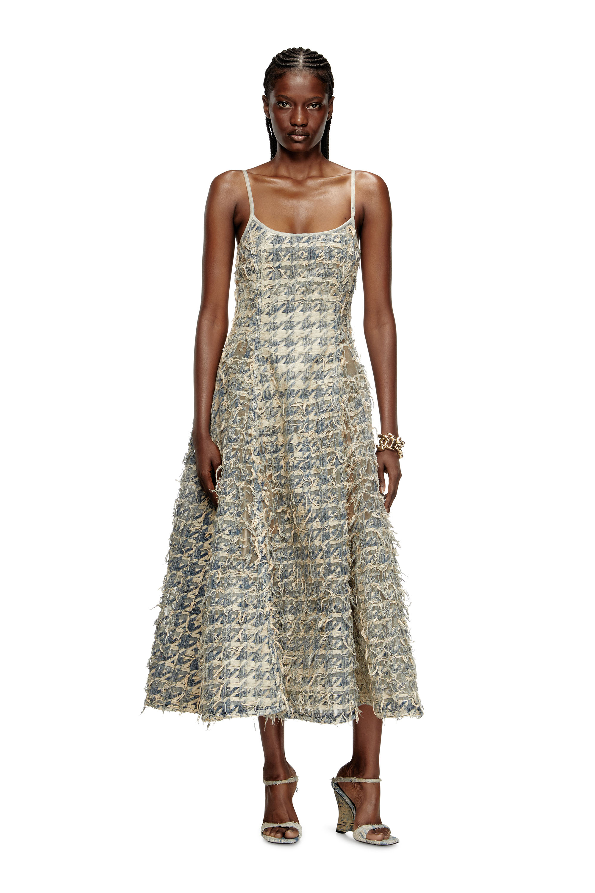 Diesel - DE-SWEENEY-LONG-FSH, Woman's Long skirt in dévoré houndstooth denim in Light Blue - 2