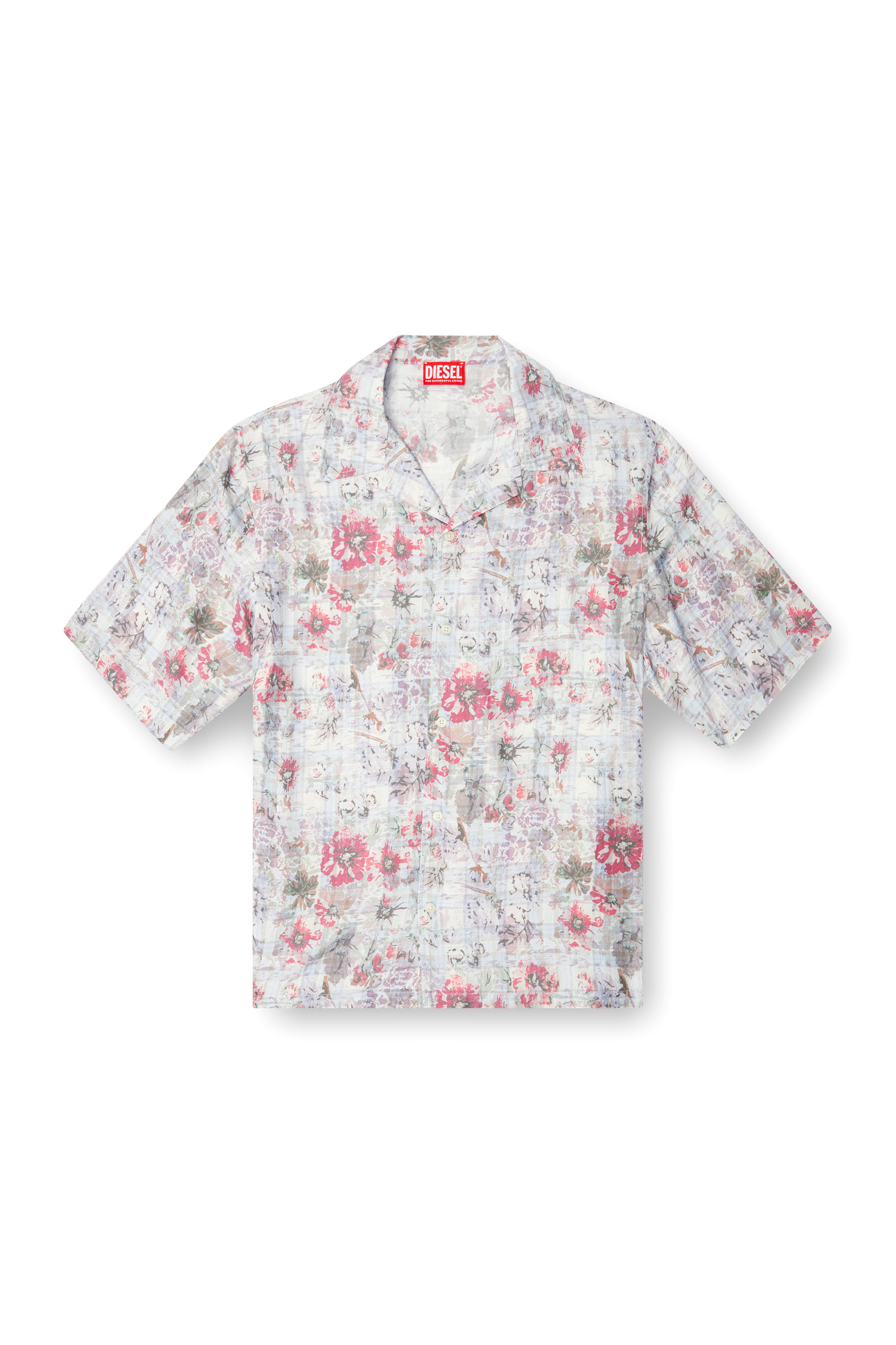 Diesel - S-LEYS, Man's Bowling shirt with floral print in Blue/Pink - 4