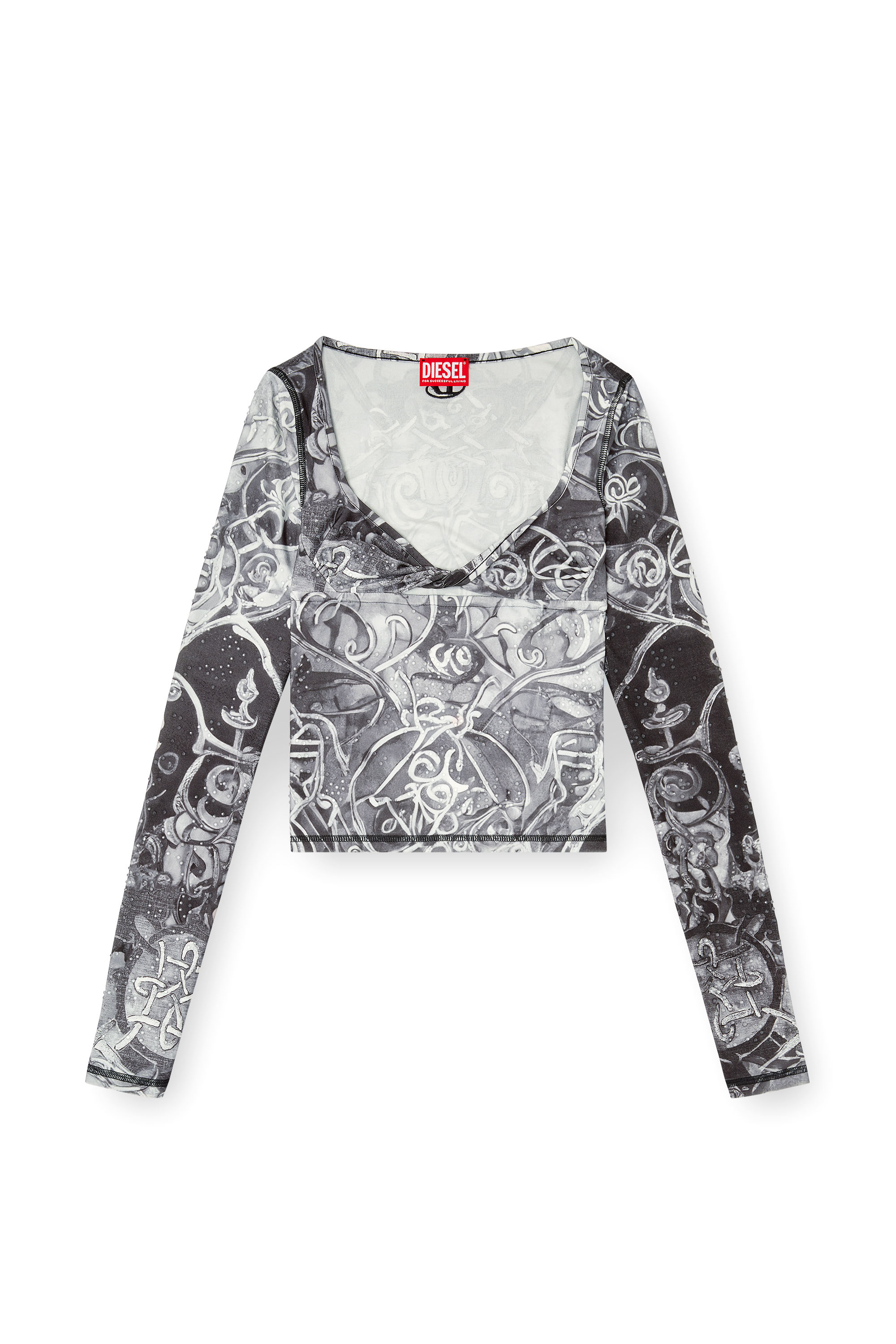Diesel - T-ANTICA-LS, Woman's Printed top with crystal droplets in Grey - 4