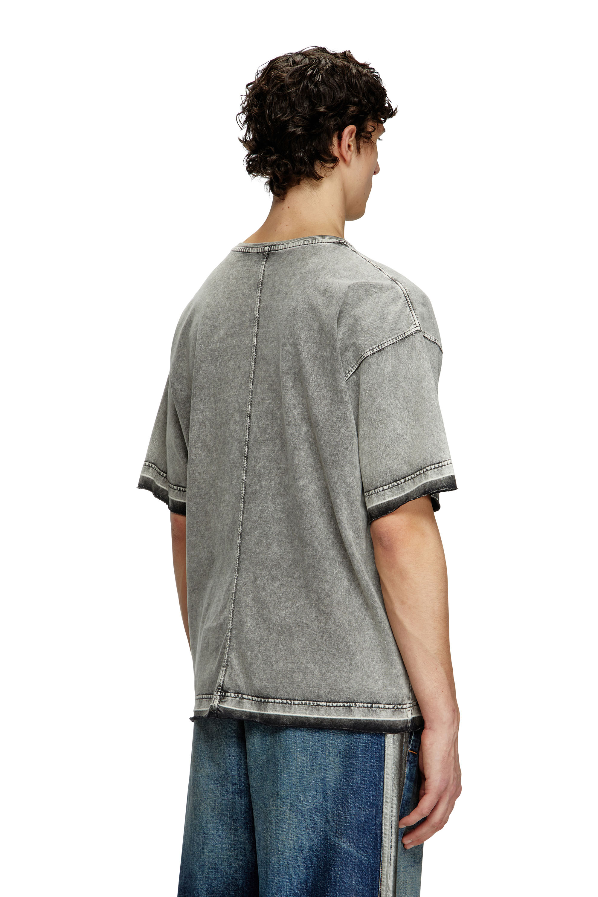 Diesel - T-HOXT, Man's Denim-look T-shirt with released hems in Light Grey - 3