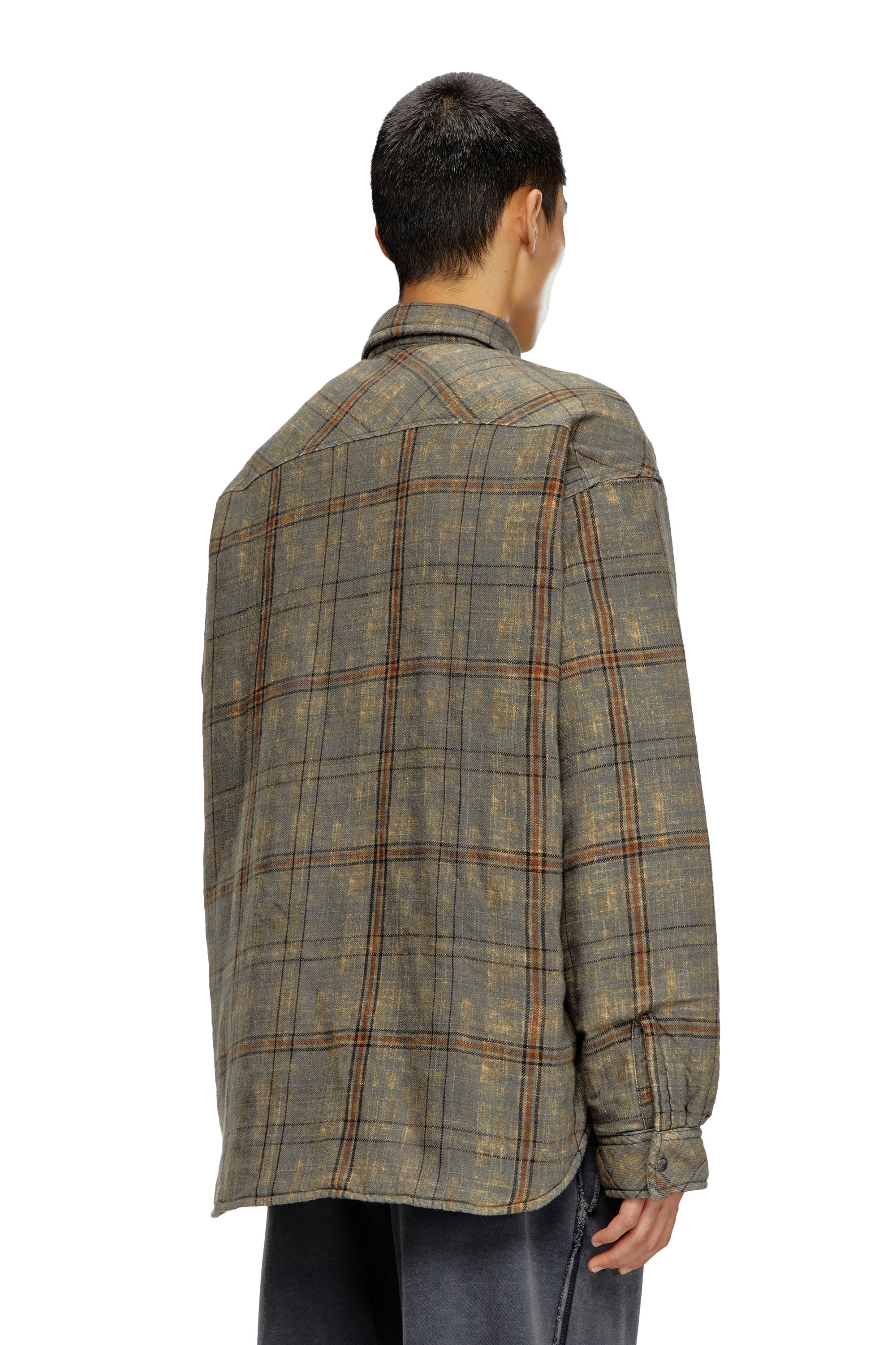 Diesel - S-HAMME, Man's Padded jacket in checked slub cotton in Green/Brown - 3